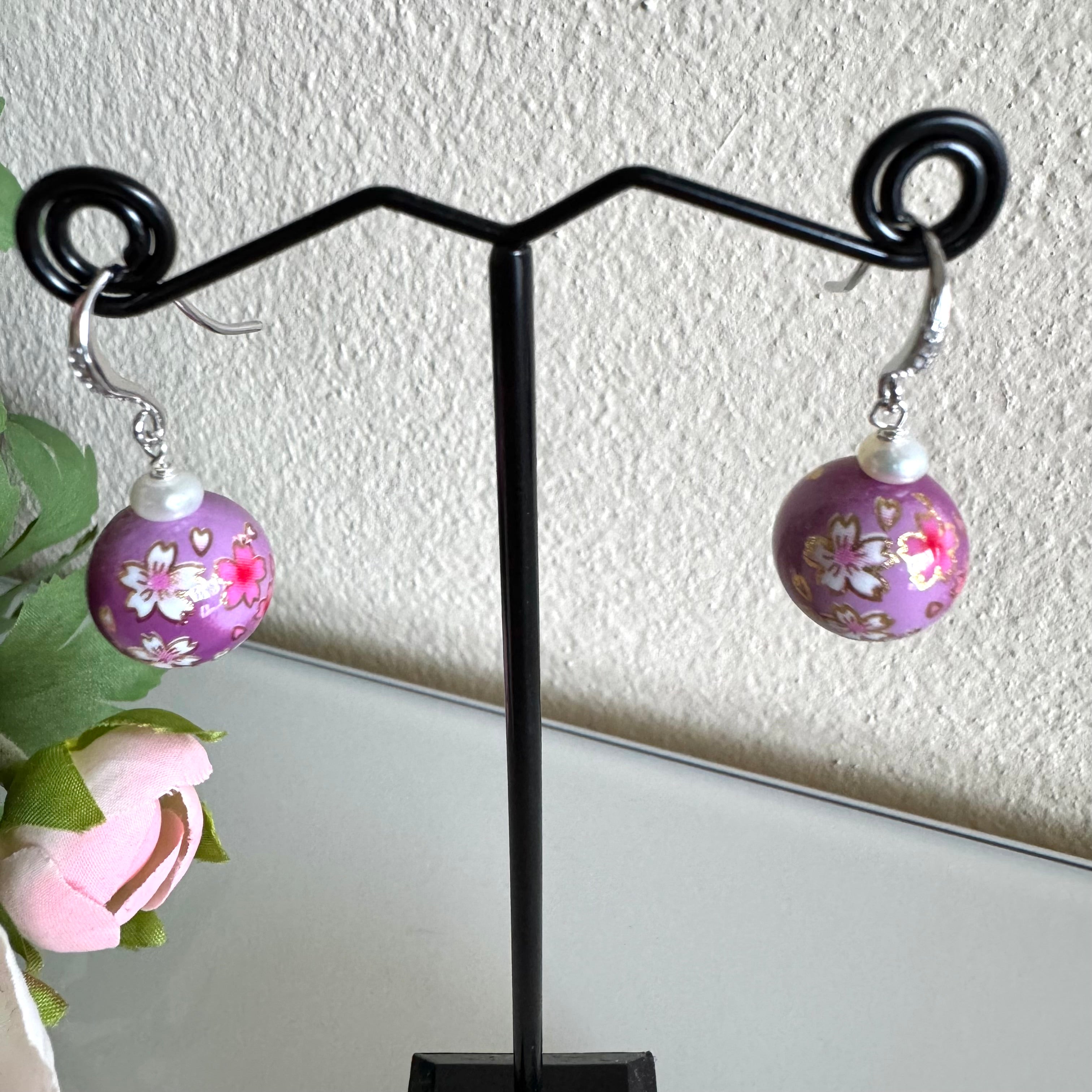 Sterling silver Japanese tensha beads and freshwater pearl earrings