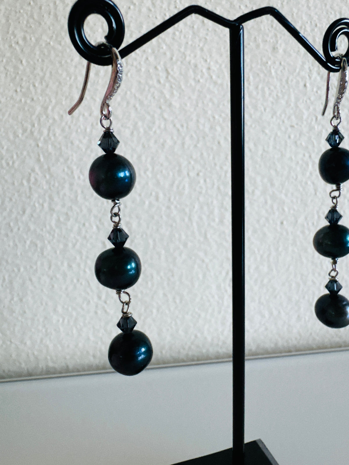 Black Freshwater Off Round Pearl Drop Trilogy Earrings With 925 Silver Hooks, Swarovski Crystals, Dangle Earrings, Anniversary Gift,