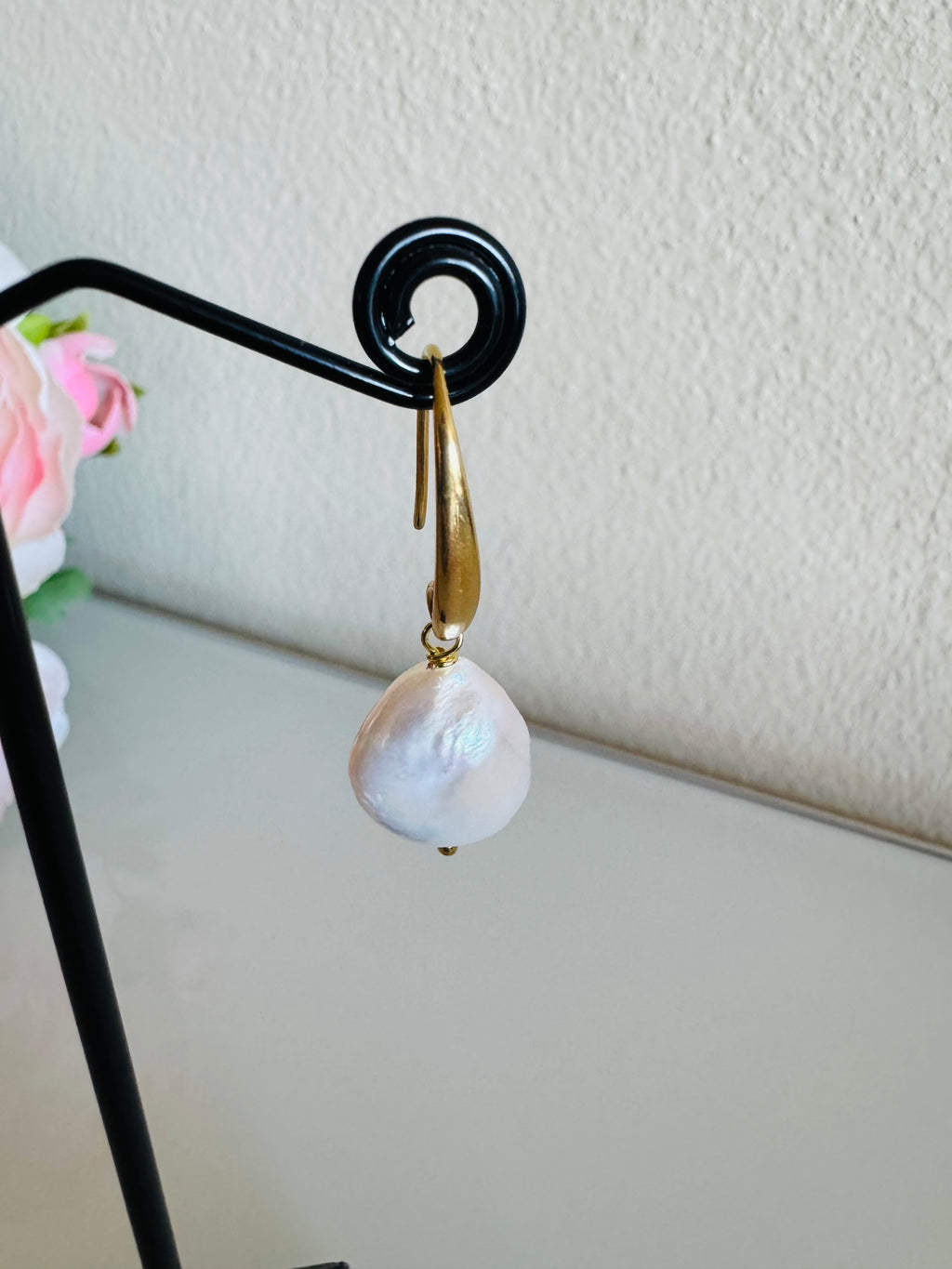 Freshwater Coin Shape Baroque Pearl Drop Earrings, Surgical Stainless Gold Dangle Earrings, Handmade Australian Jewellery, Gift For Her