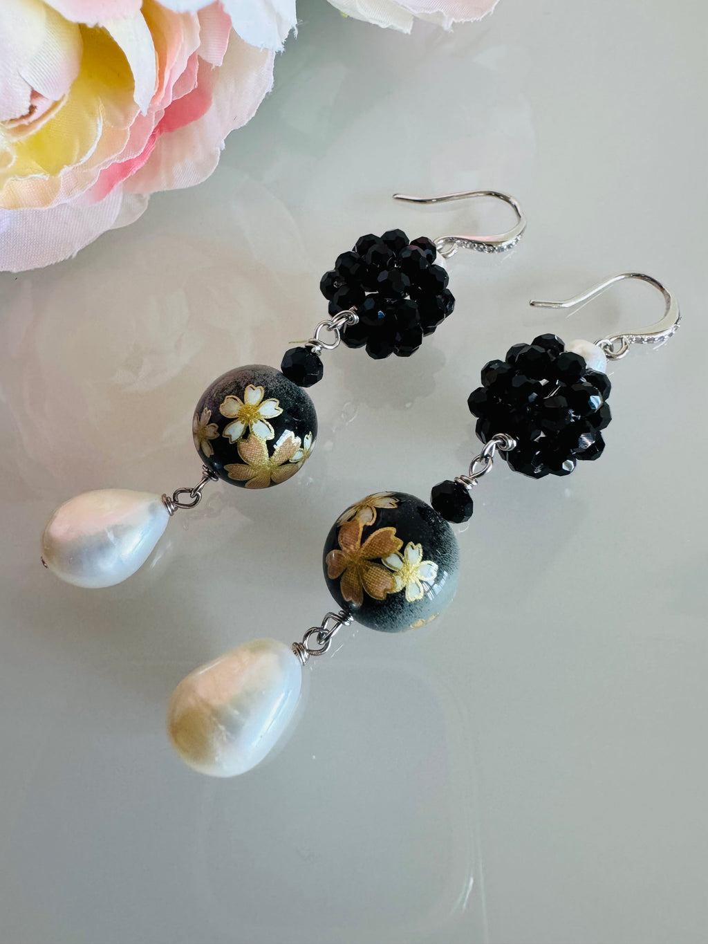 Japanese Tensha Bead Earrings, Sterling Silver Freshwater Pearl Dangle Earrings, Crystal Beads Ball, Handmade Floral Drop Jewellery