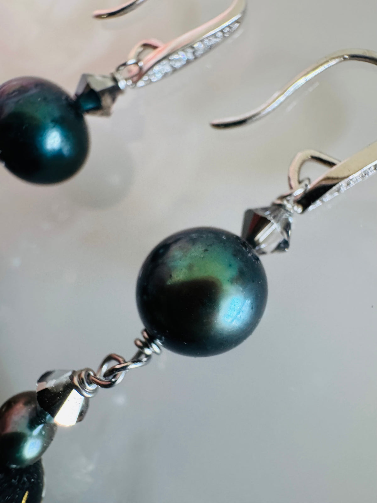 Japanese Tensha Bead Earrings, Sterling Silver Freshwater Black Pearl Dangle Earrings, Swarovski Crystal, Handmade Floral Drop Jewellery