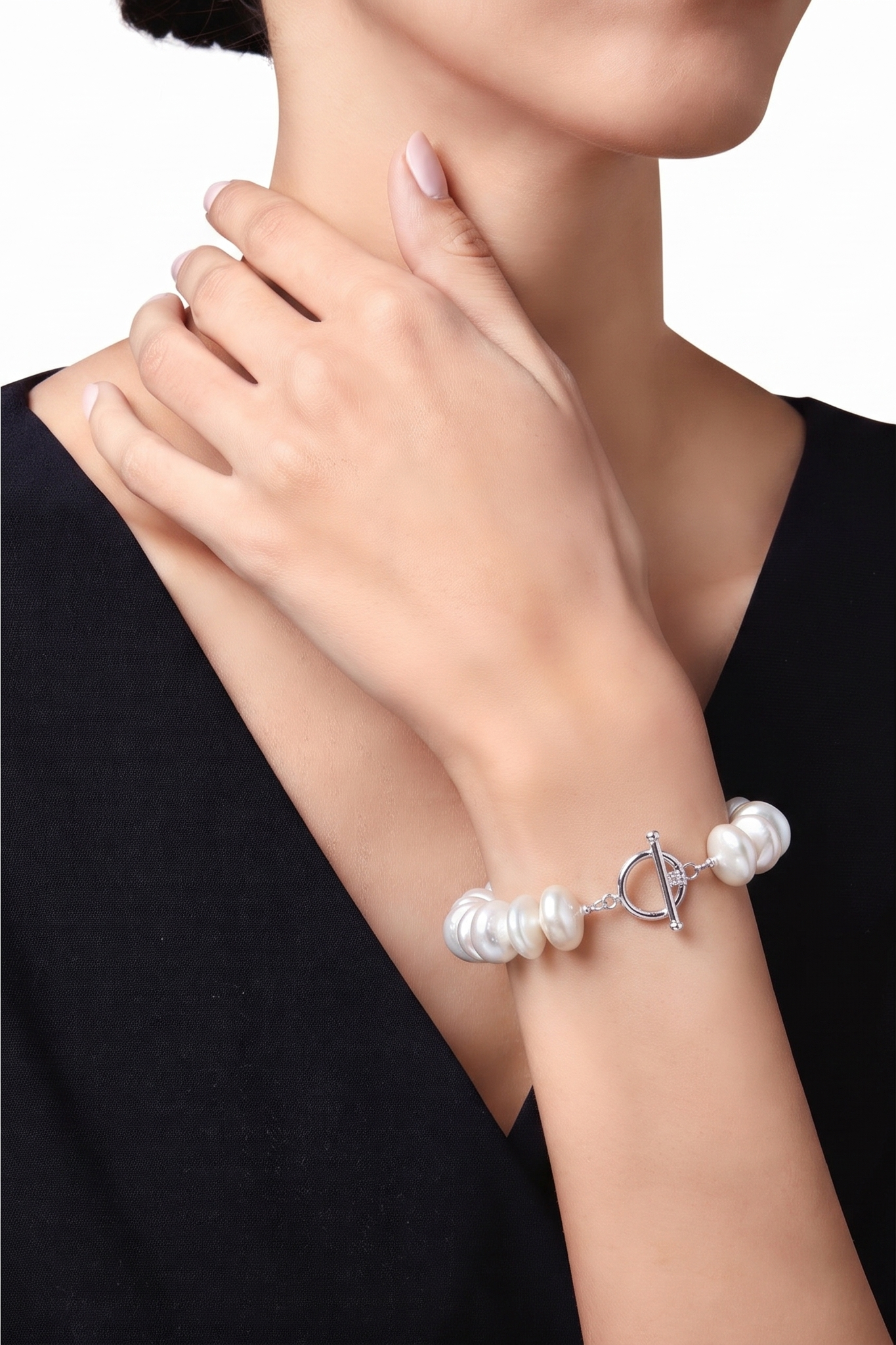 Sterling silver freshwater coin shape pearl bracelet