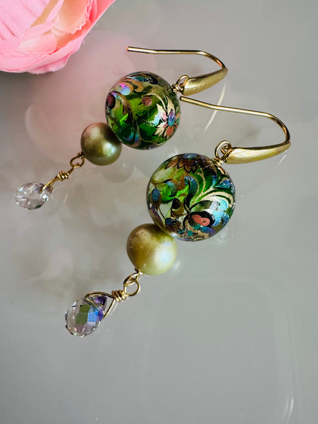 Japanese Tensha Beads Green Freshwater Pearl Round and Crystal Drop Earrings with Surgical Golden Stainless Hooks, Tarnish Free