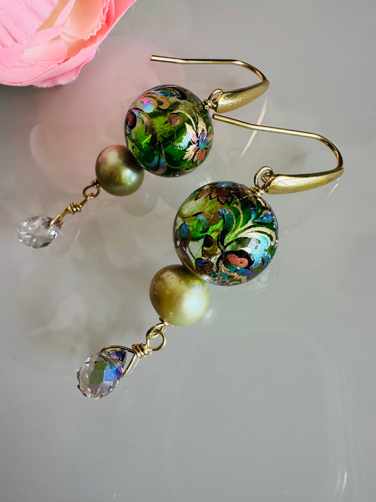Japanese Tensha Beads Green Freshwater Pearl Round and Crystal Drop Earrings with Surgical Golden Stainless Hooks, Tarnish Free