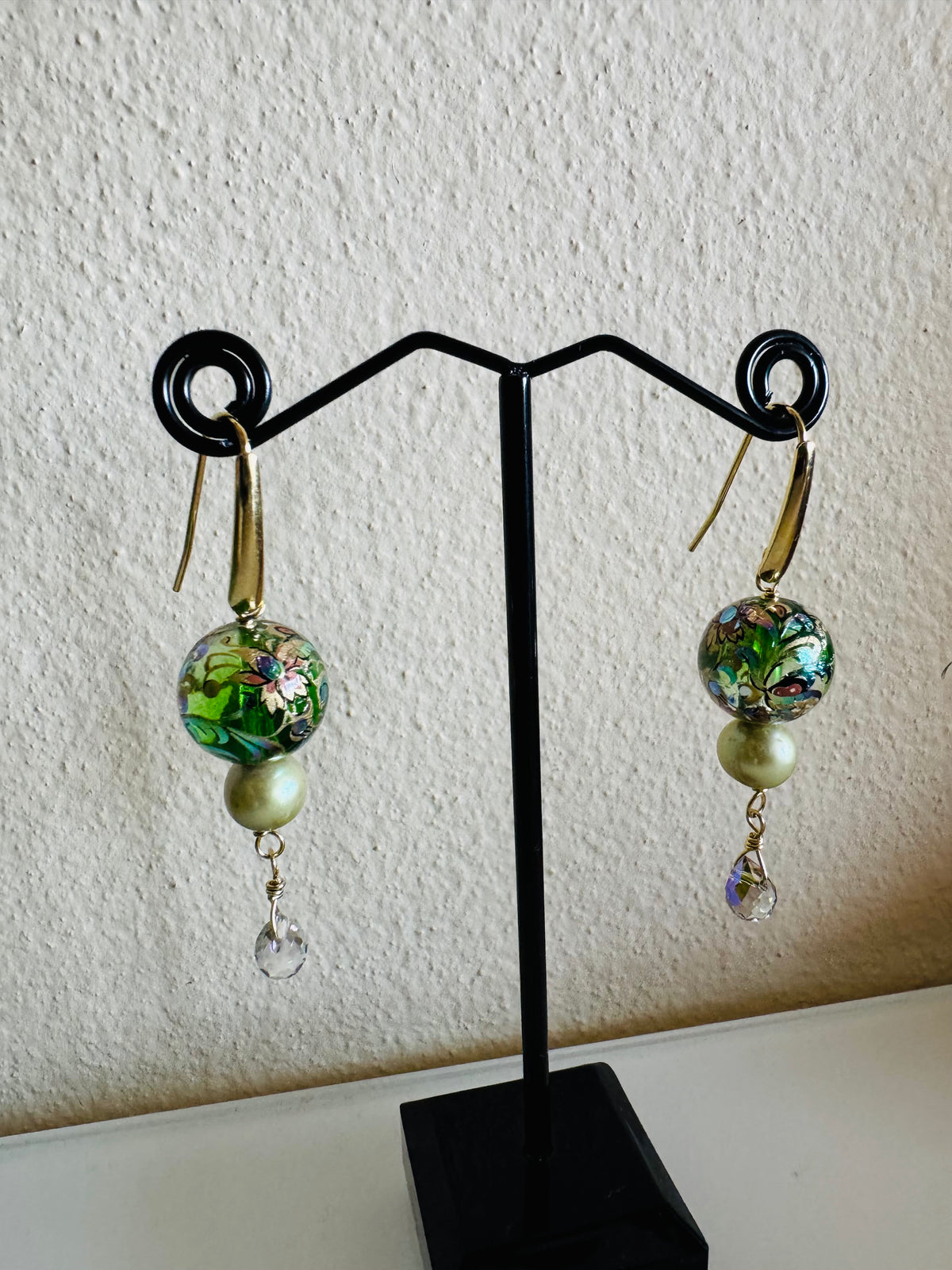 Japanese Tensha Beads Green Freshwater Pearl Round and Crystal Drop Earrings with Surgical Golden Stainless Hooks, Tarnish Free