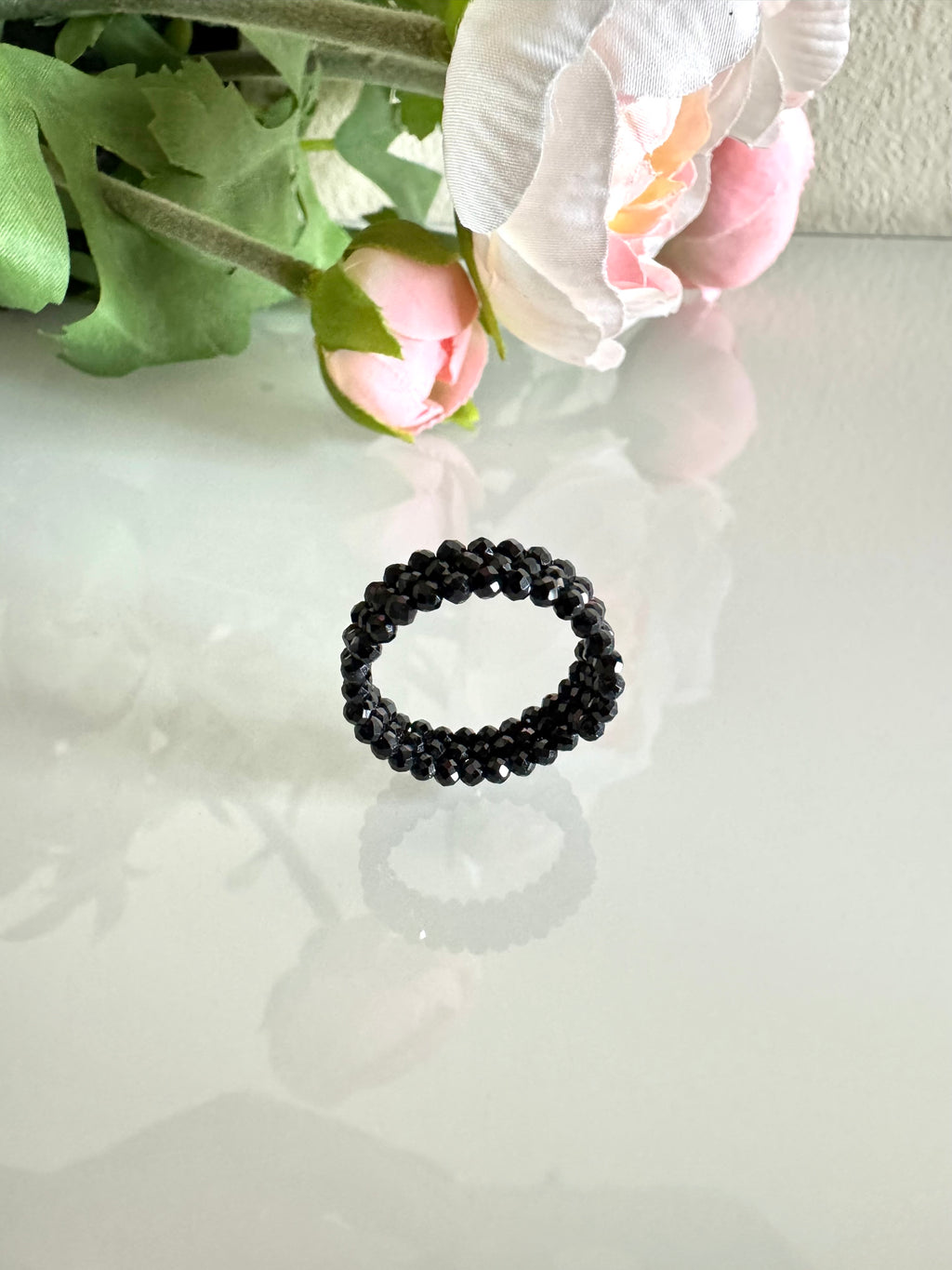 Black spinel (faceted) free size memory wire ring