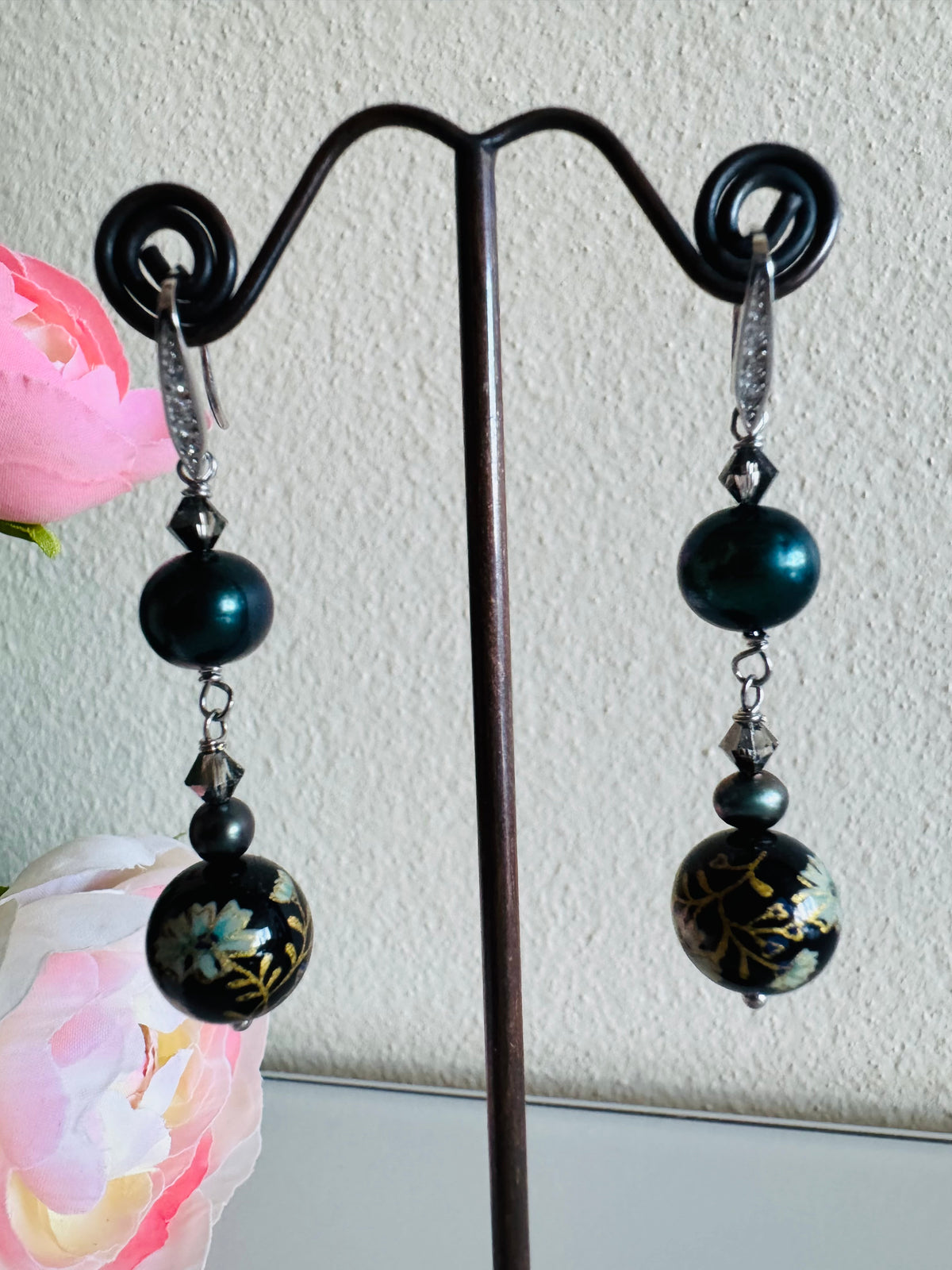 Japanese Tensha Bead Earrings, Sterling Silver Freshwater Black Pearl Dangle Earrings, Swarovski Crystal, Handmade Floral Drop Jewellery