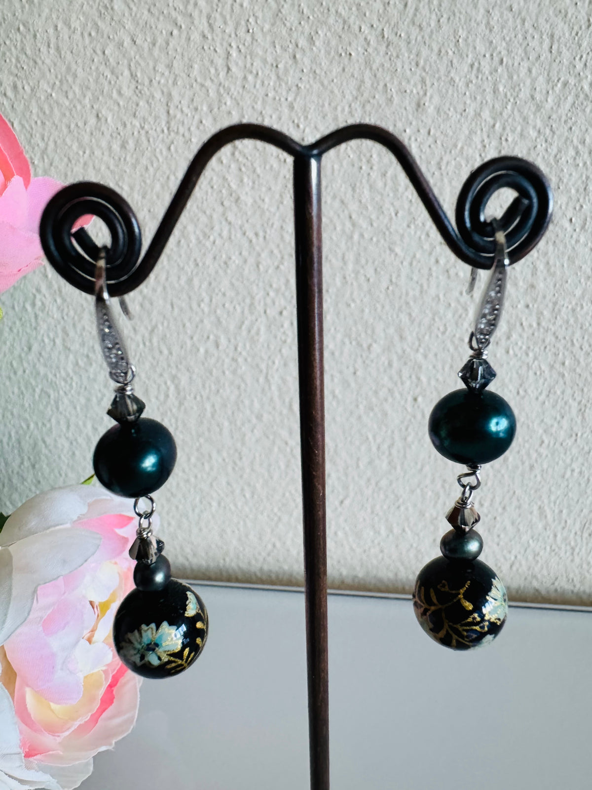 Japanese Tensha Bead Earrings, Sterling Silver Freshwater Black Pearl Dangle Earrings, Swarovski Crystal, Handmade Floral Drop Jewellery