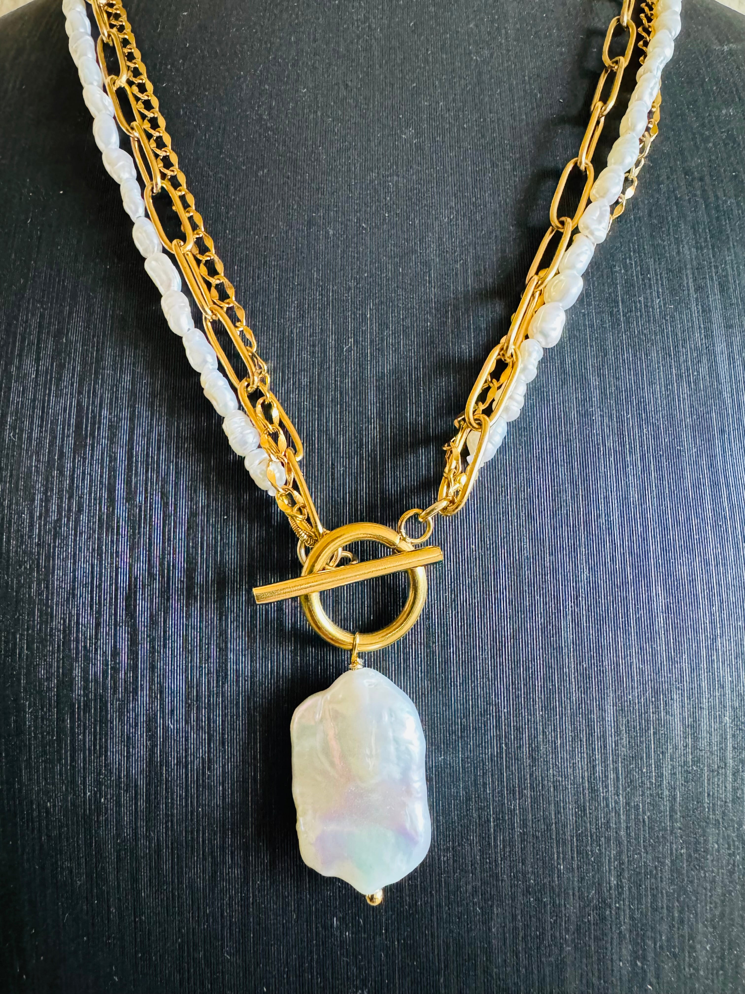 Large Flat Baroque Pearl Pendant with Surgical Stainless Chains, Genuine Natural pearl Necklace, Tarnish Free, Handcrafted in Australia