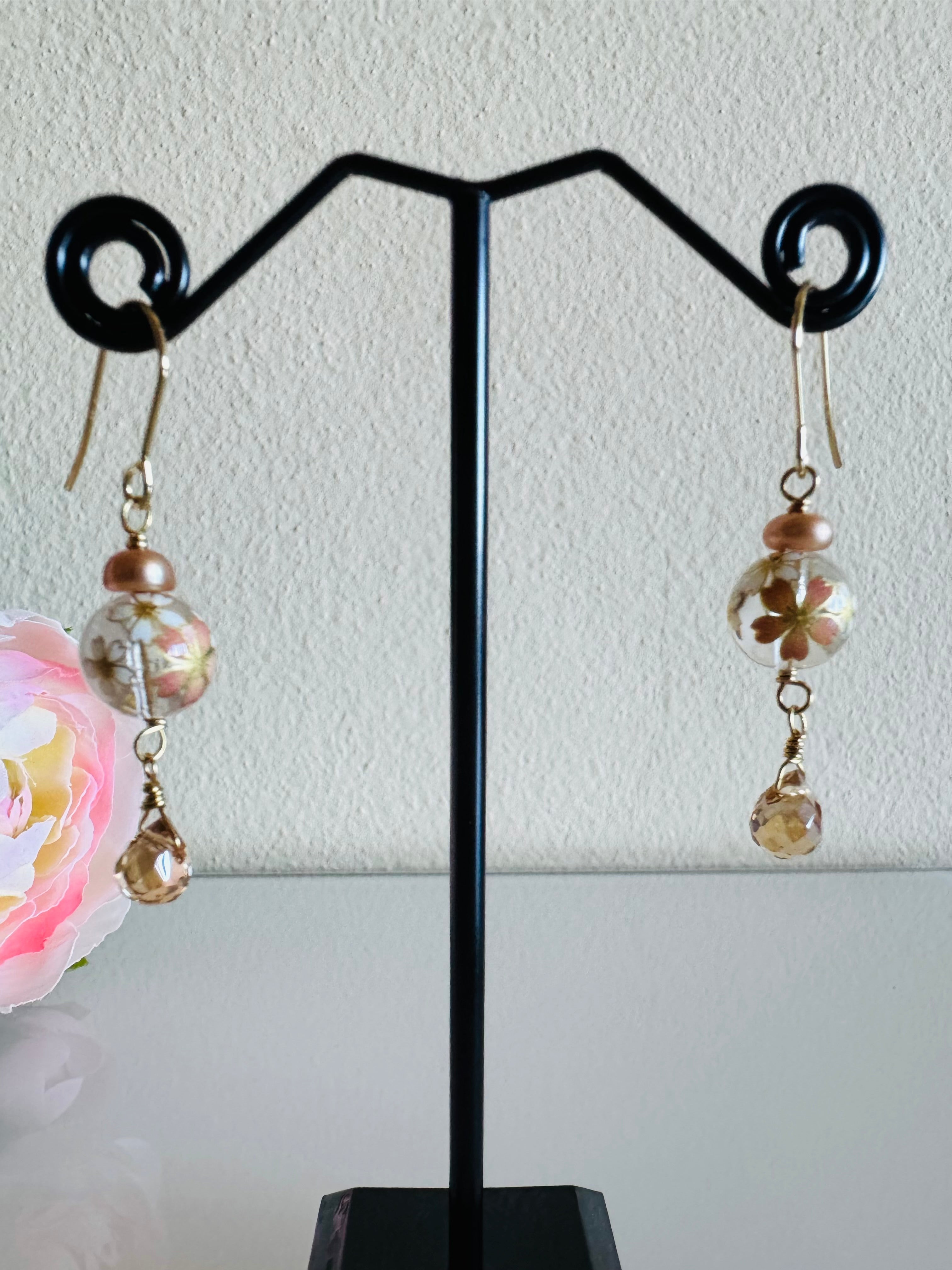 Japanese Tensha Beads and Crystal Earrings with Surgical Gold Stainless Settings