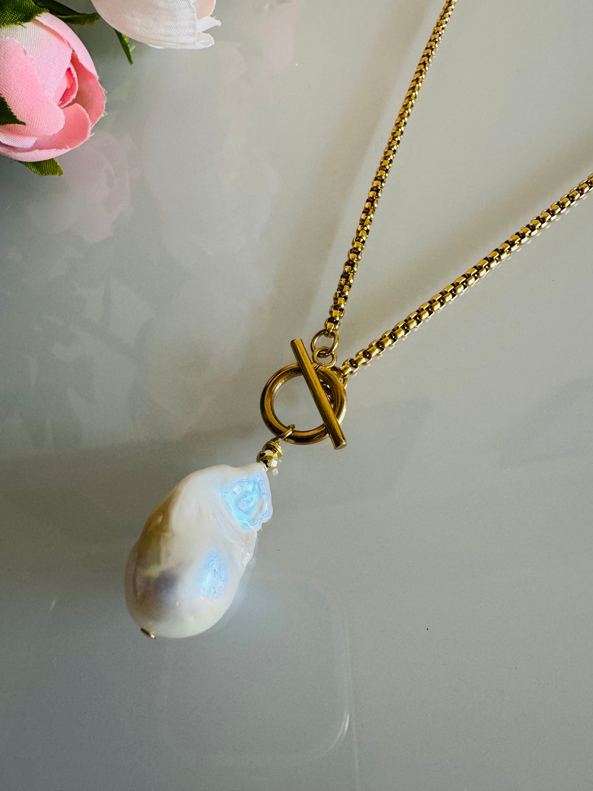 Handmade Freshwater Pearl Dangle Necklace, Gold Surgical Stainless Steel Chain & Toggle, Tarnish Free Waterproof Jewellery, Minimalist