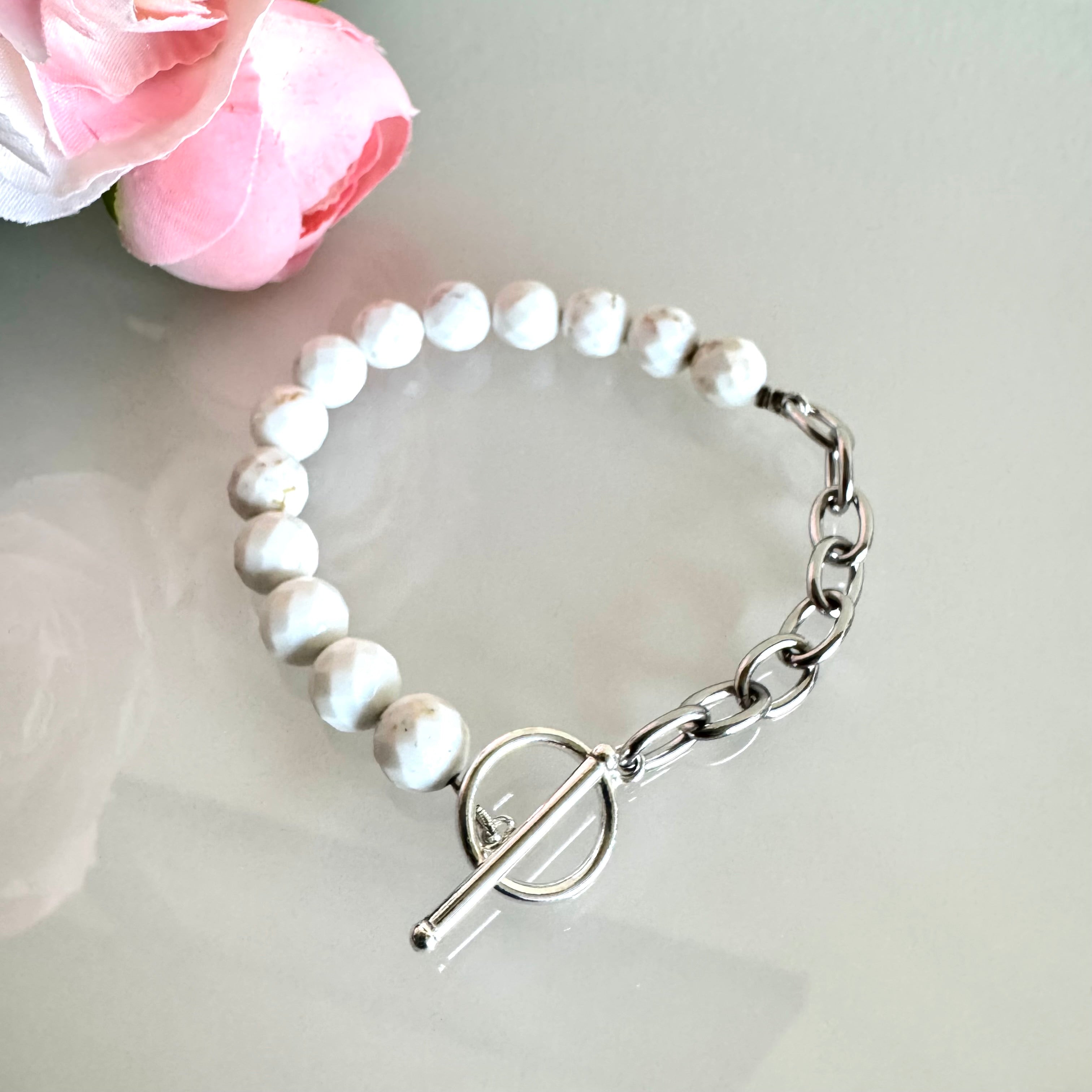 Howlite bracelet with starling silver clasps and stainless steel chain bracelet