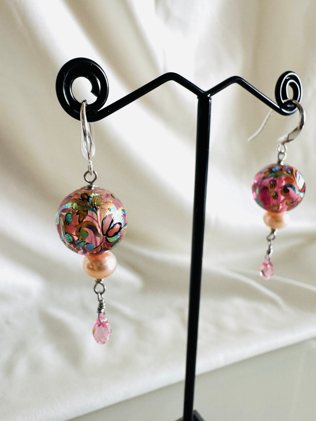 Japanese Tensha Floral Earrings, Pink Pearl Swarovski Crystal Drop, Sterling Silver Hooks