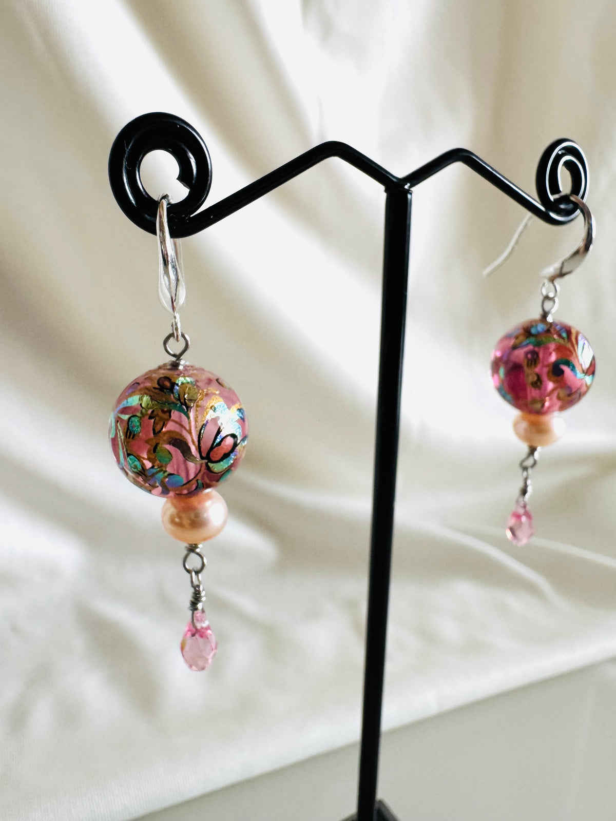 Japanese Tensha Floral Earrings, Pink Pearl Swarovski Crystal Drop, Sterling Silver Hooks