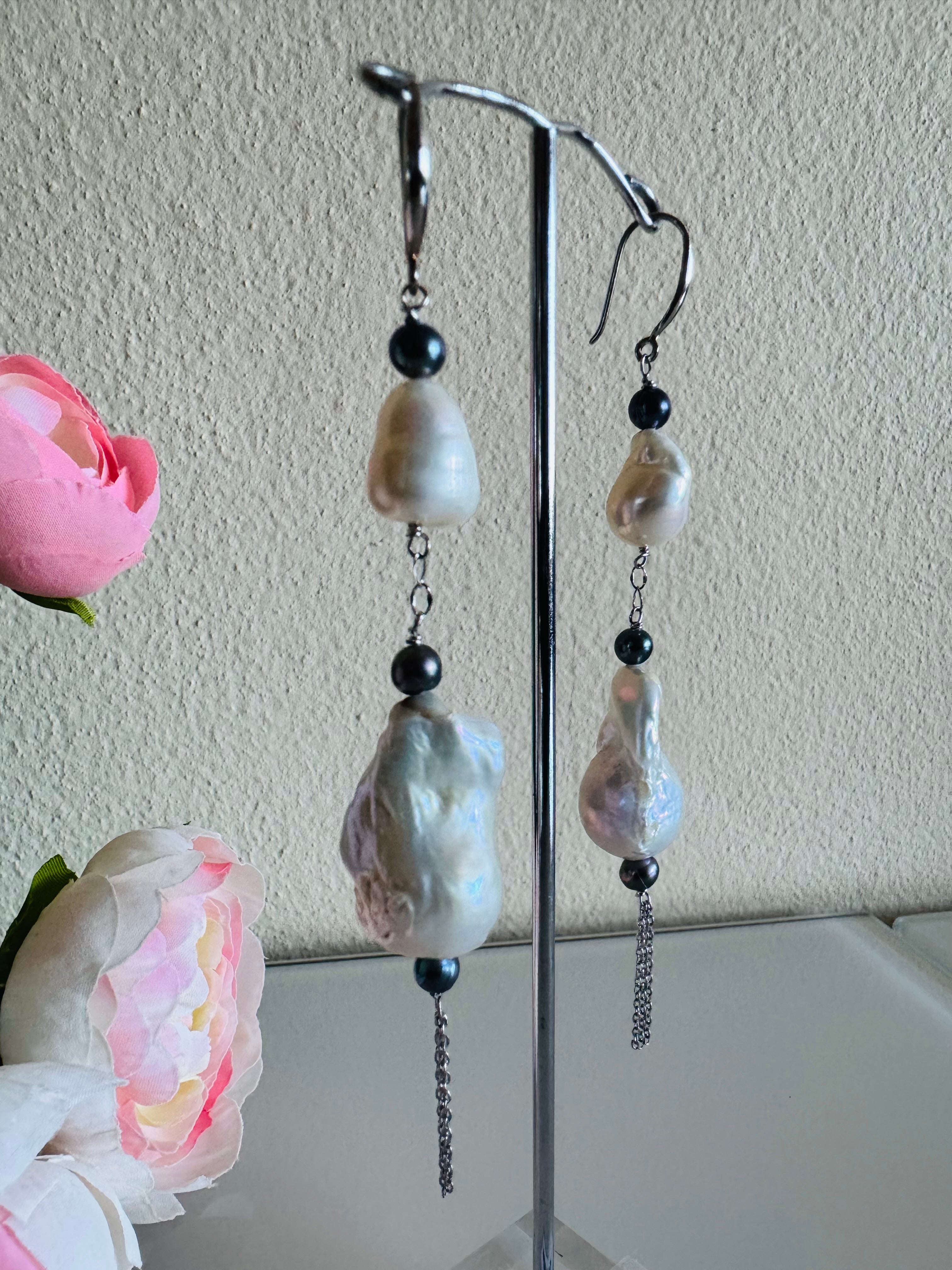 Large Freshwater Pearl Earrings with Sterling Silver Hooks and Surgical Stainless Settings and Chains