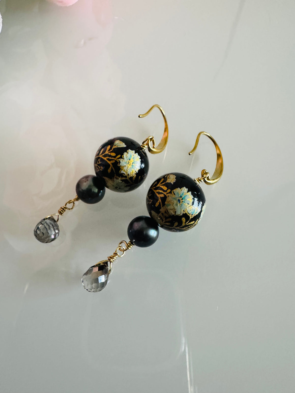 Japanese Tensha Bead Earrings, Surgical Stainless Steel Gold  Hooks, Black Pearl Dangle Earrings, Crystal Glass, Handmade Jewellery