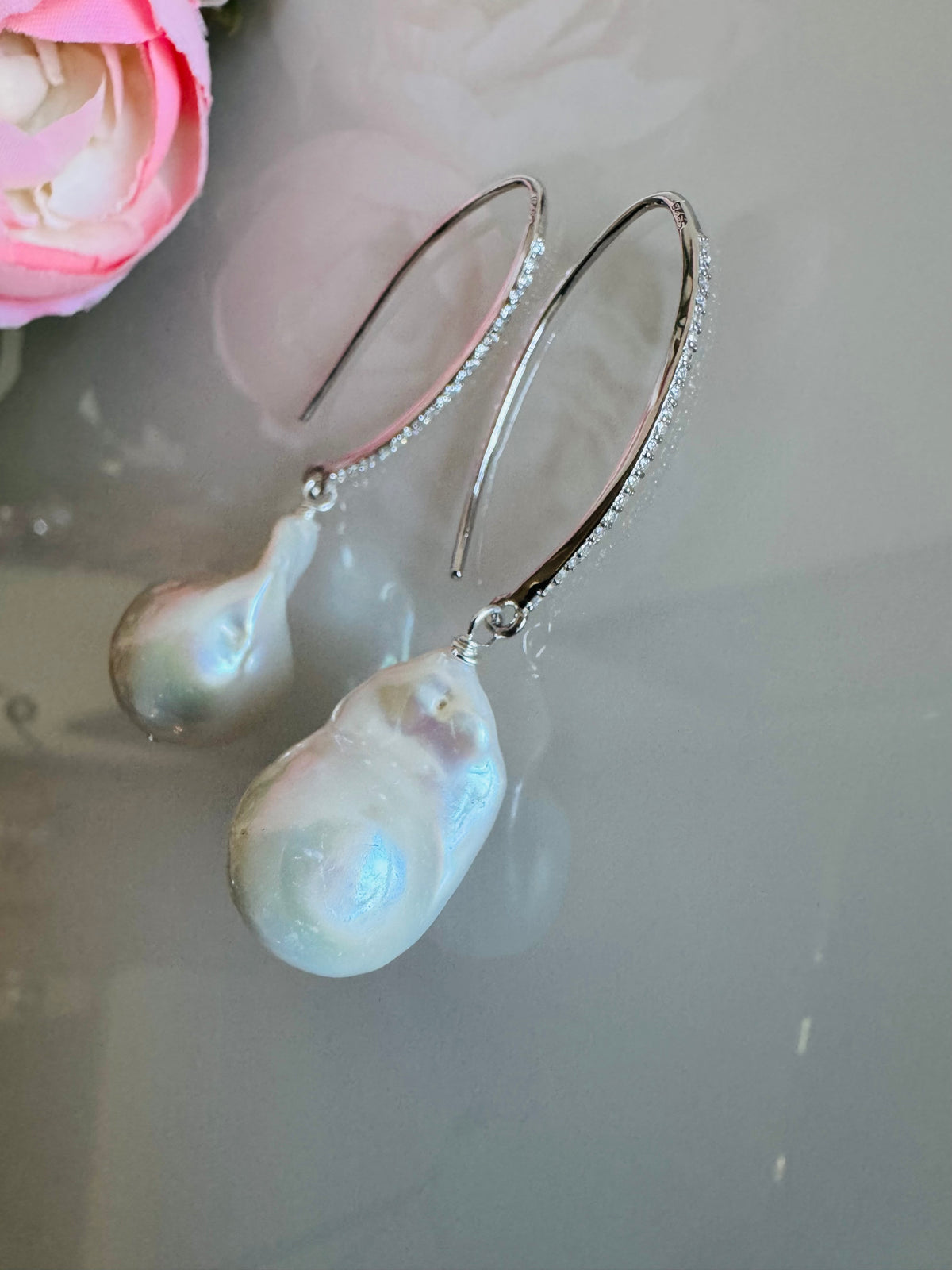925 Sterling Silver Baroque Pearl Drop Earrings, Rhodium Plated Freshwater Pearl Dangle Earrings, Elegant Bridal Jewellery, Anniversary Gift