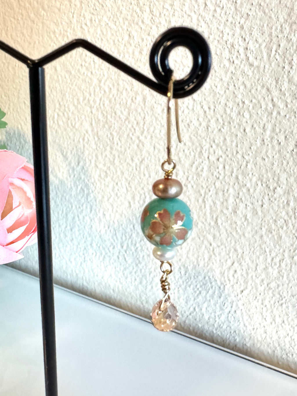 Japanese tensha beads and freshwater pearls earrings with surgical stainless gold hooks (Tarnish free)