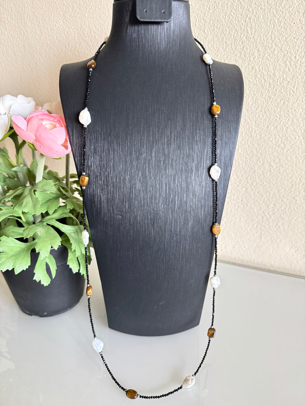 Black spinel, Tiger’s eye, freshwater pearl and hematite long necklace plus shorten clasps 