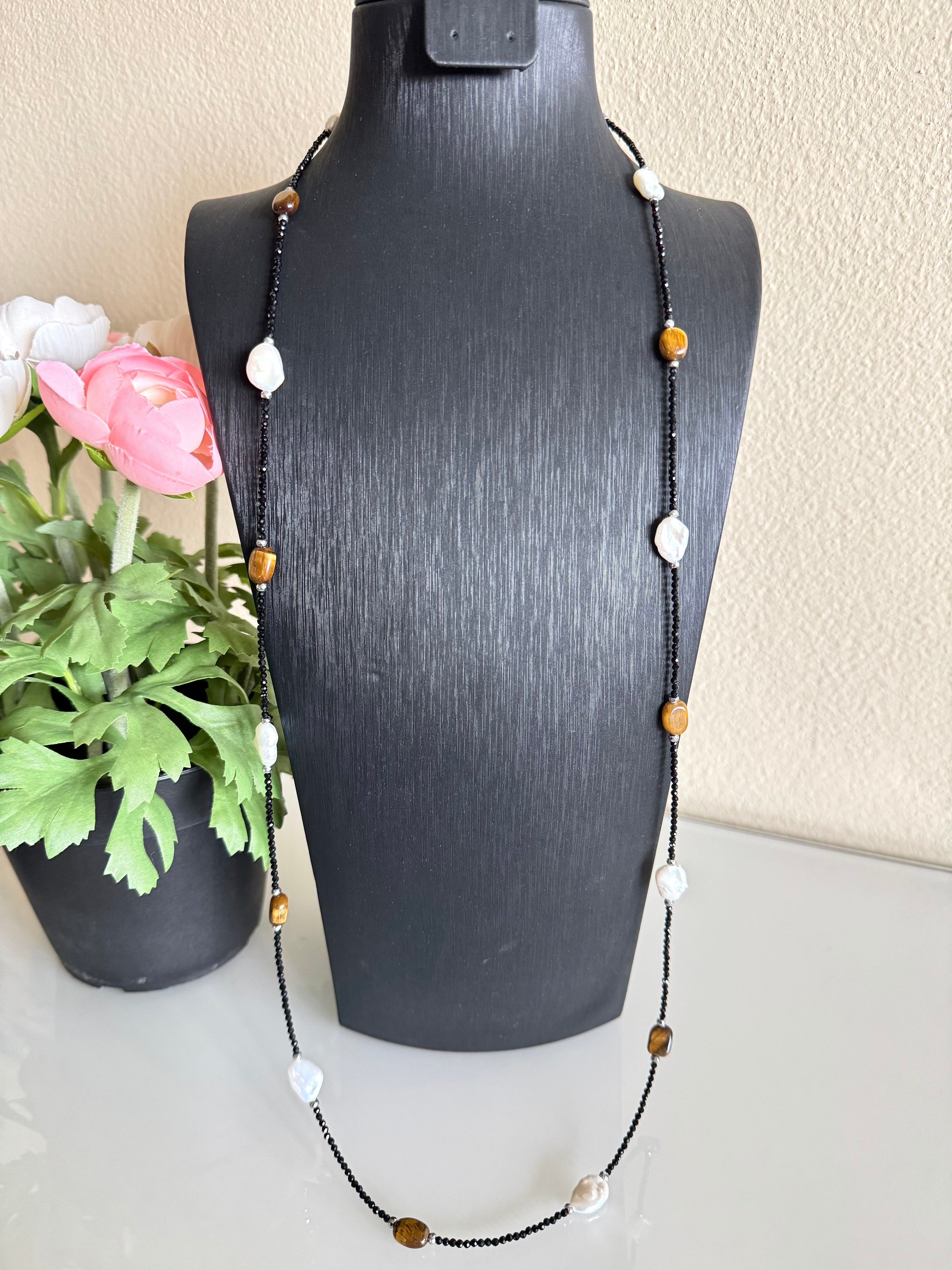Black spinel, Tiger’s eye, freshwater pearl and hematite long necklace plus shorten clasps 