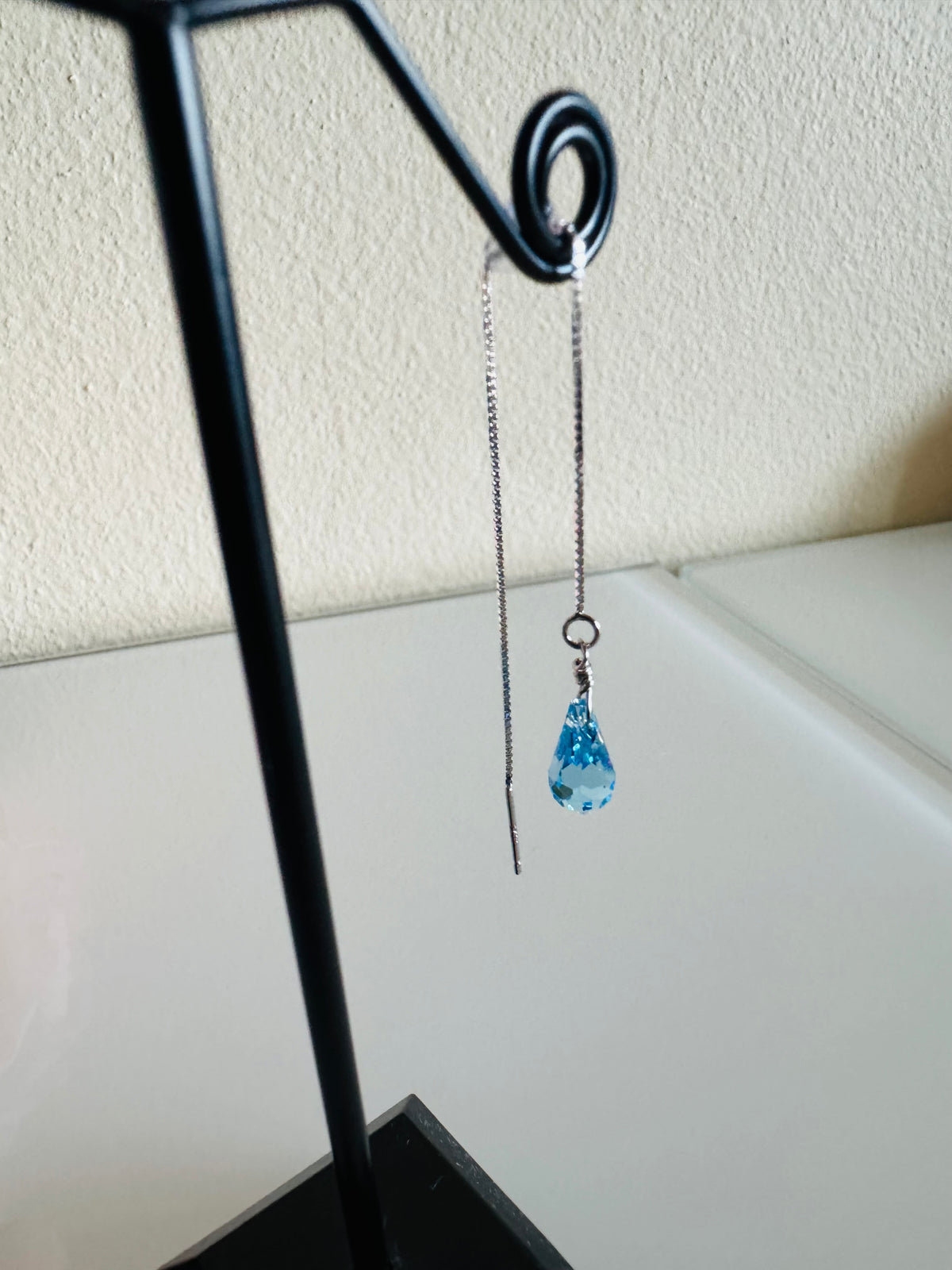 Swarovski Crystal Drop Earrings, Sterling Silver Aqua Blue Dangle Chain Earrings, Handmade Australian Jewellery, Rodium Plated Silver