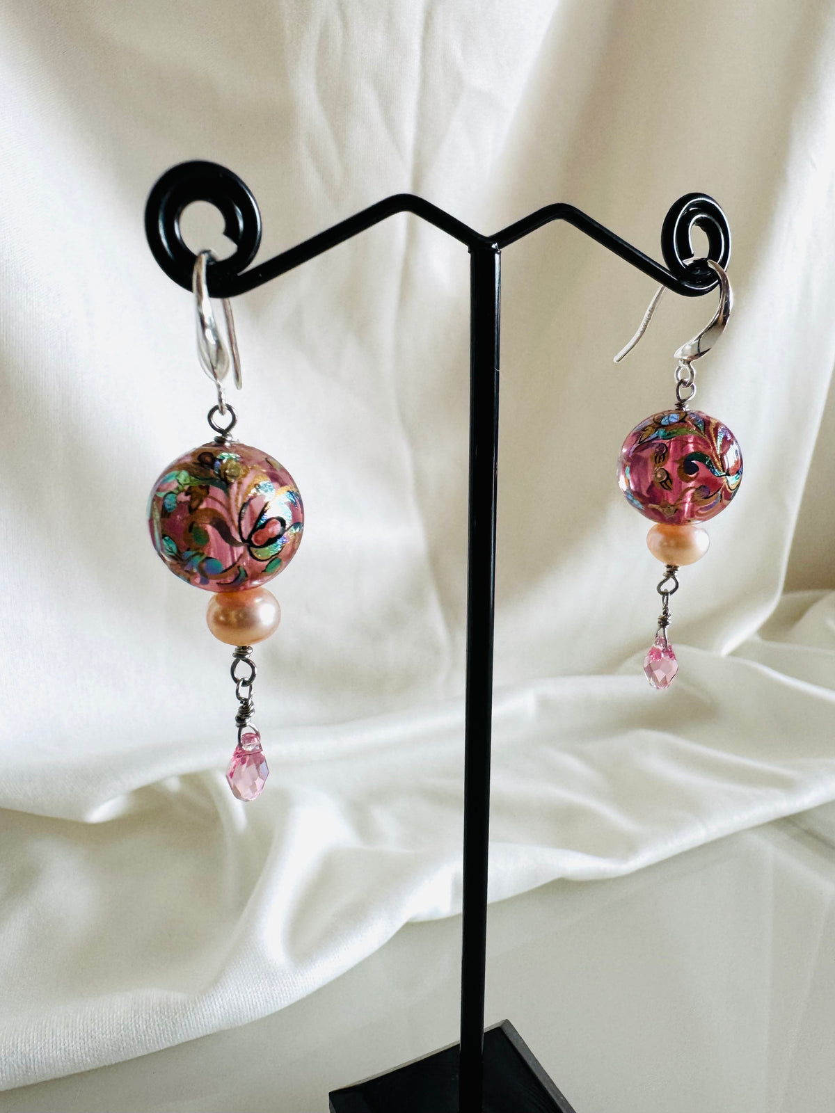 Japanese Tensha Floral Earrings, Pink Pearl Swarovski Crystal Drop, Sterling Silver Hooks