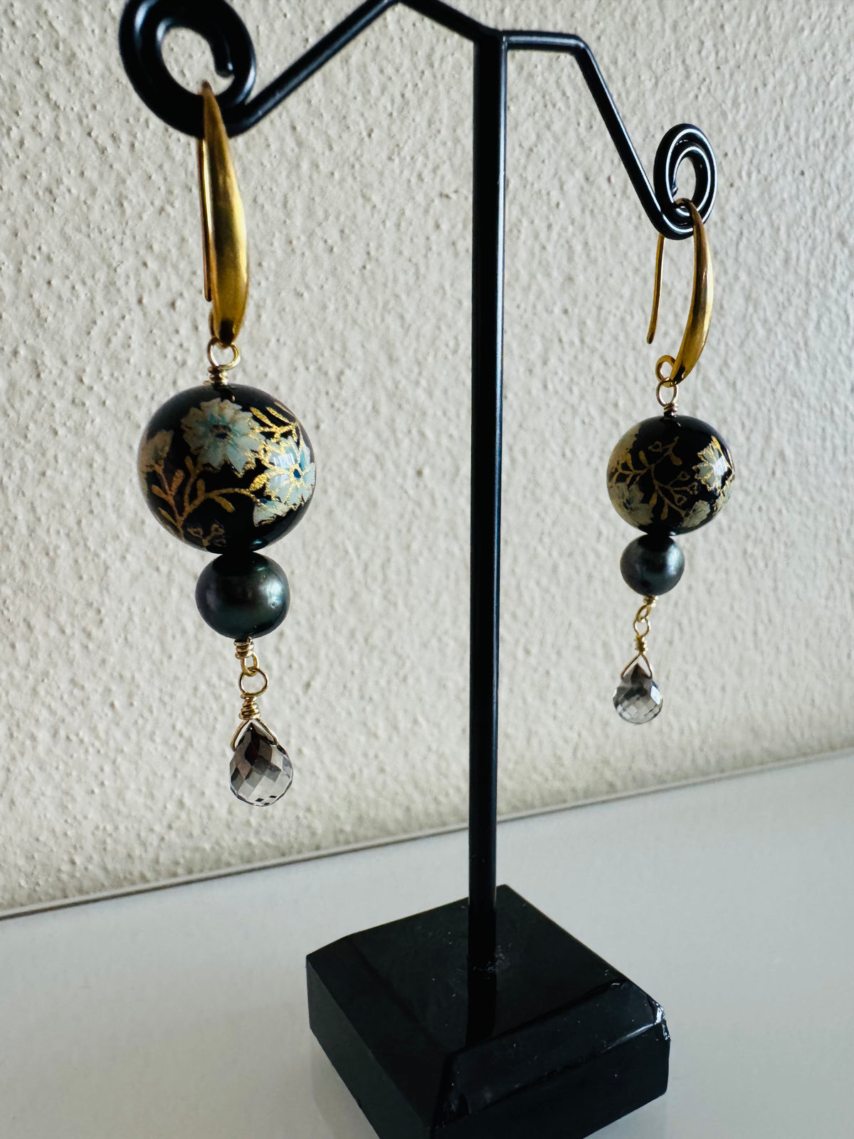 Japanese Tensha Bead Earrings, Surgical Stainless Steel Gold  Hooks, Black Pearl Dangle Earrings, Crystal Glass, Handmade Jewellery