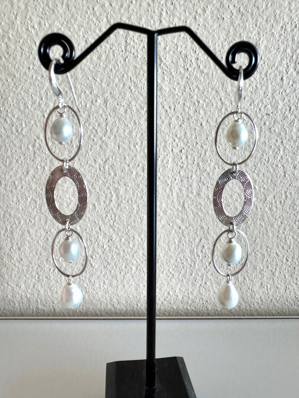 Sterling Silver Freshwater Pearl Trilogy Earrings Long Dangle Statement Earrings Handmade in Australia Gift for Her Anniversary Gift