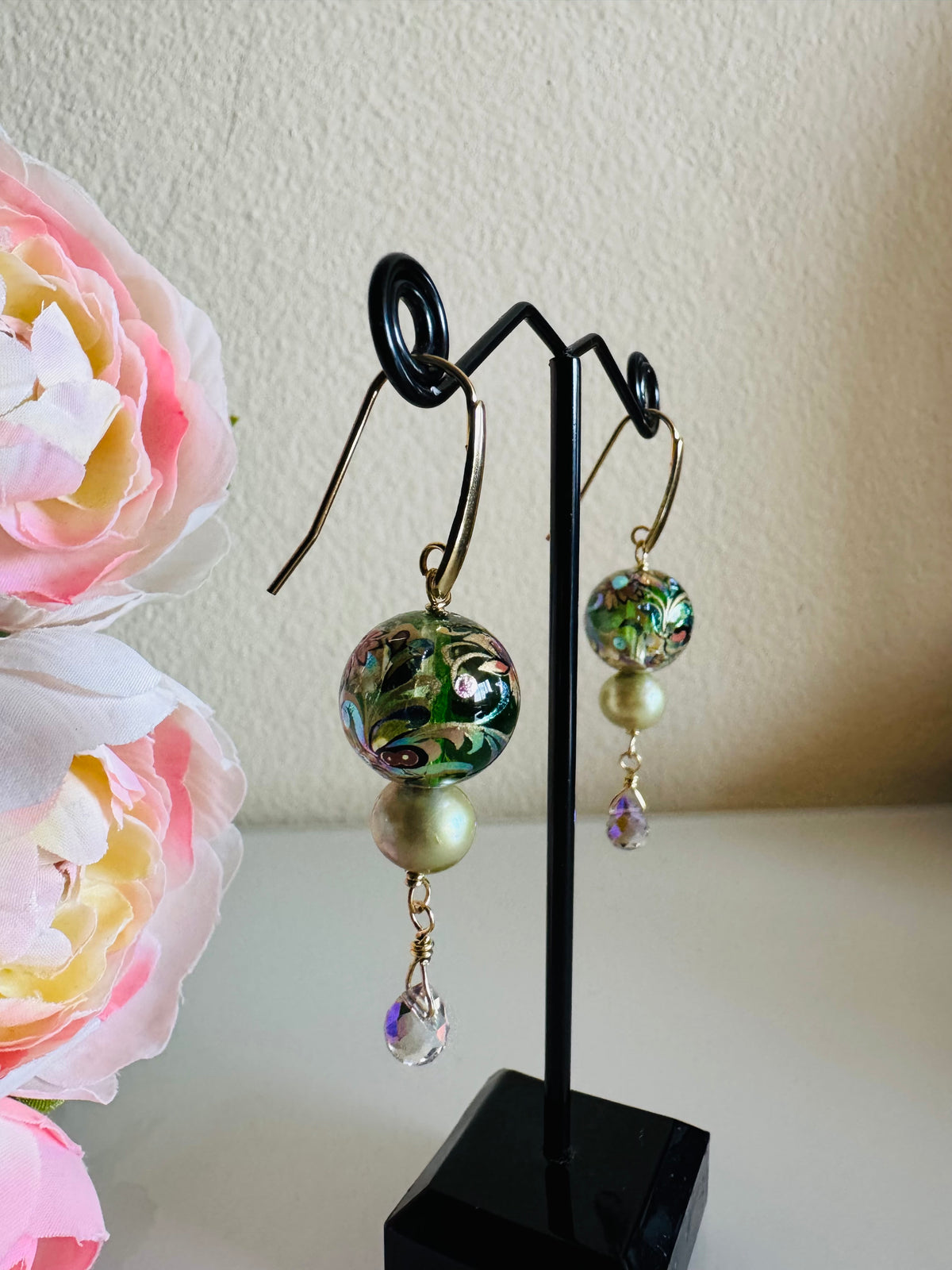 Japanese Tensha Beads Green Freshwater Pearl Round and Crystal Drop Earrings with Surgical Golden Stainless Hooks, Tarnish Free