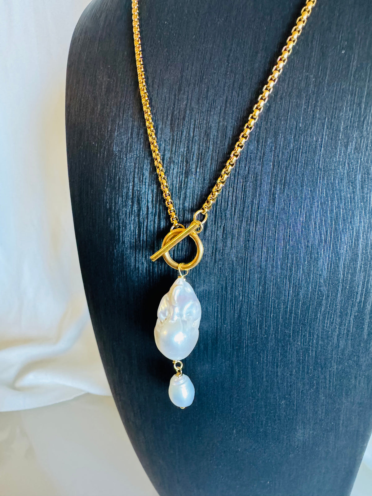 Handmade Baroque Pearl Toggle Necklace, Surgical Stainless Steel Chain, Minimalist Jewellery