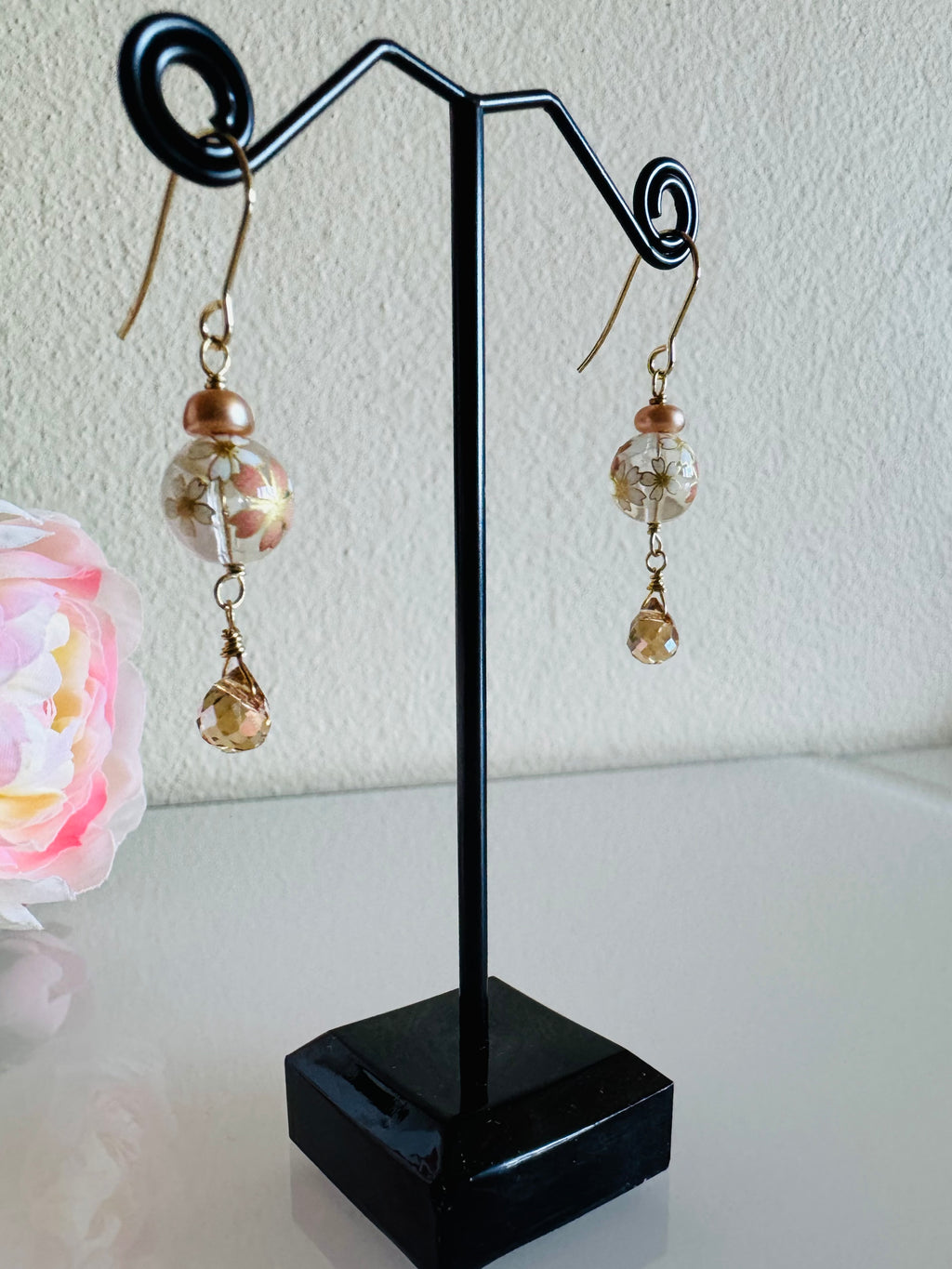 Japanese Tensha Beads and Crystal Earrings with Surgical Gold Stainless Settings