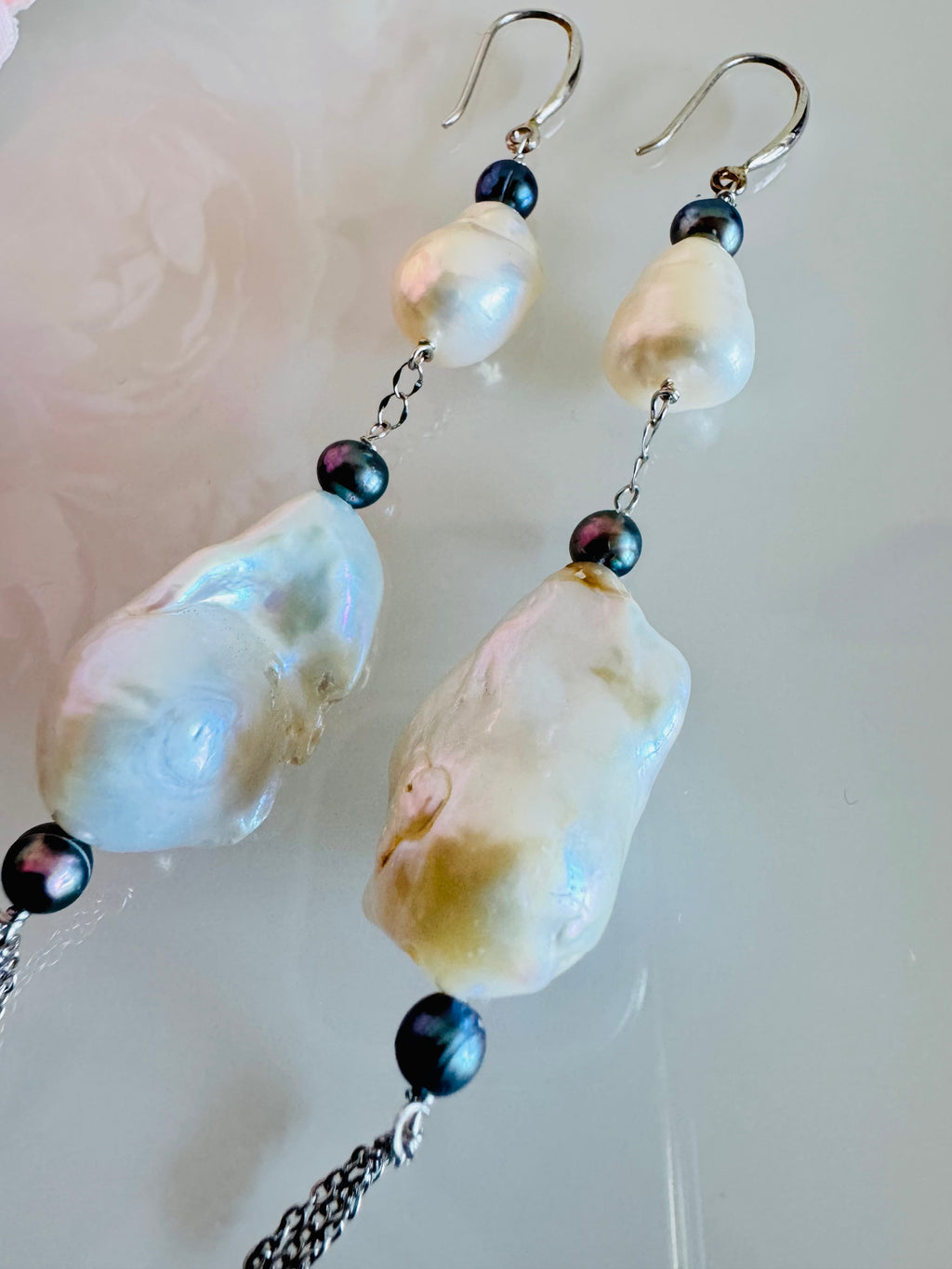Large Freshwater Pearl Earrings with Sterling Silver Hooks and Surgical Stainless Settings and Chains