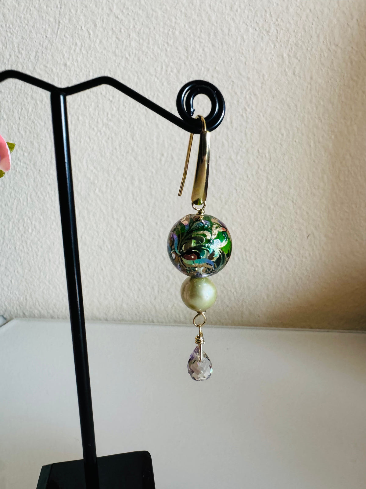 Japanese Tensha Beads Green Freshwater Pearl Round and Crystal Drop Earrings with Surgical Golden Stainless Hooks, Tarnish Free