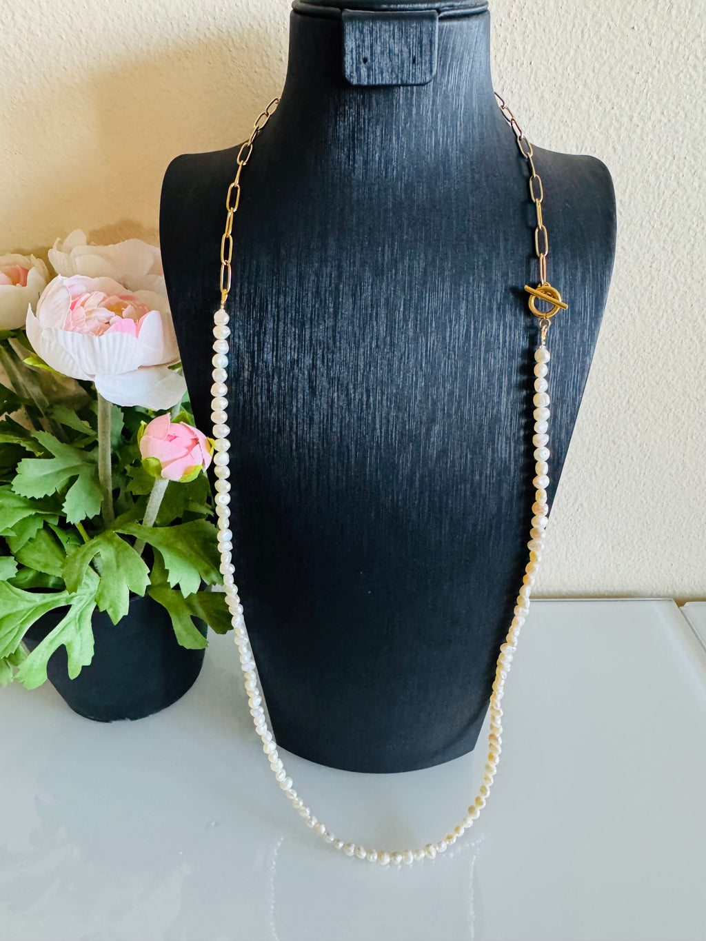 Long Freshwater Pearl Necklace With Surgical Stainless Steel Gold Chain Necklace, 3 Ways wearable Necklace, Handmade Australia, Gift for Her
