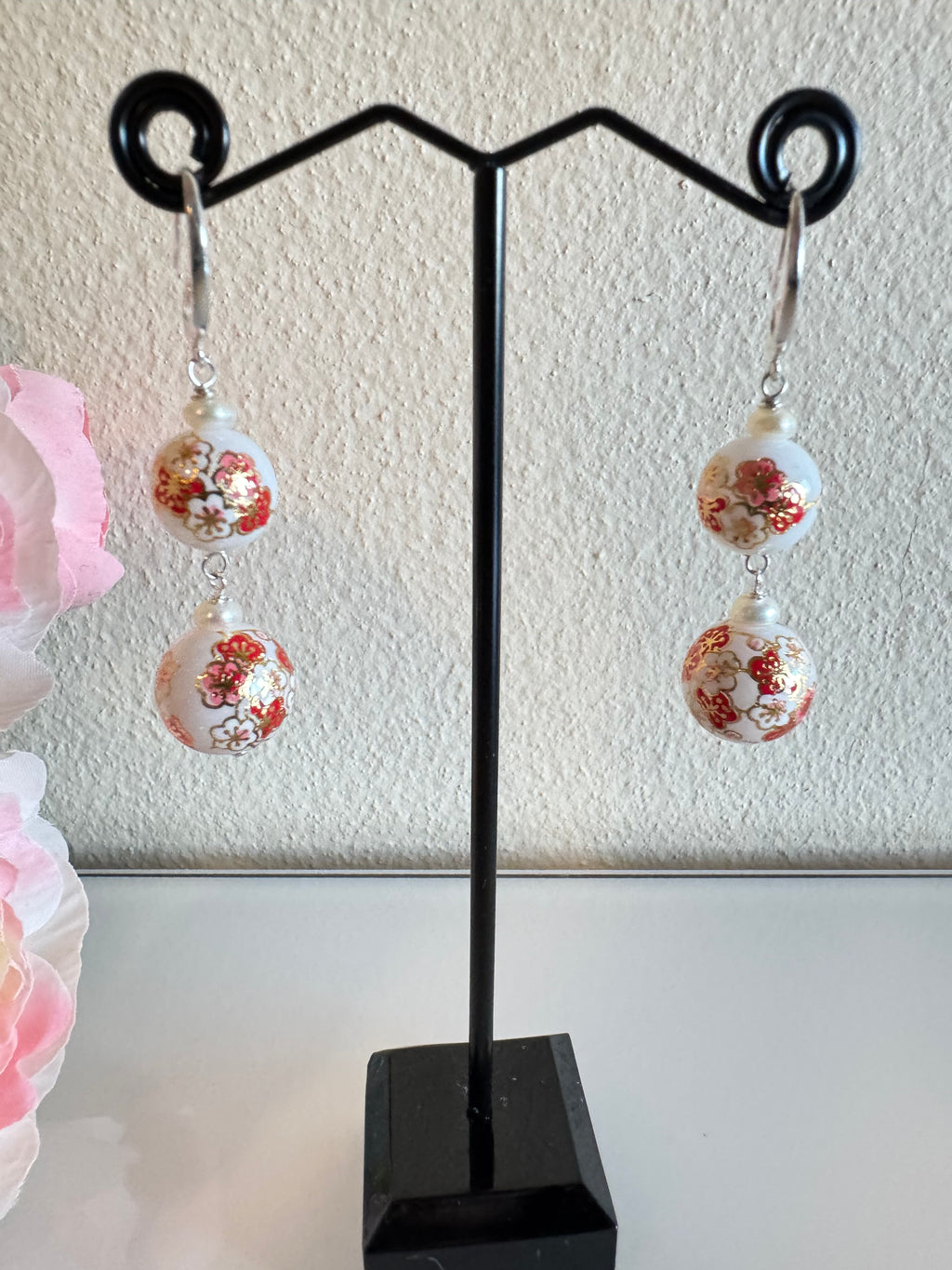 Sterling silver Japanese tensha beads and freshwater pearl earrings