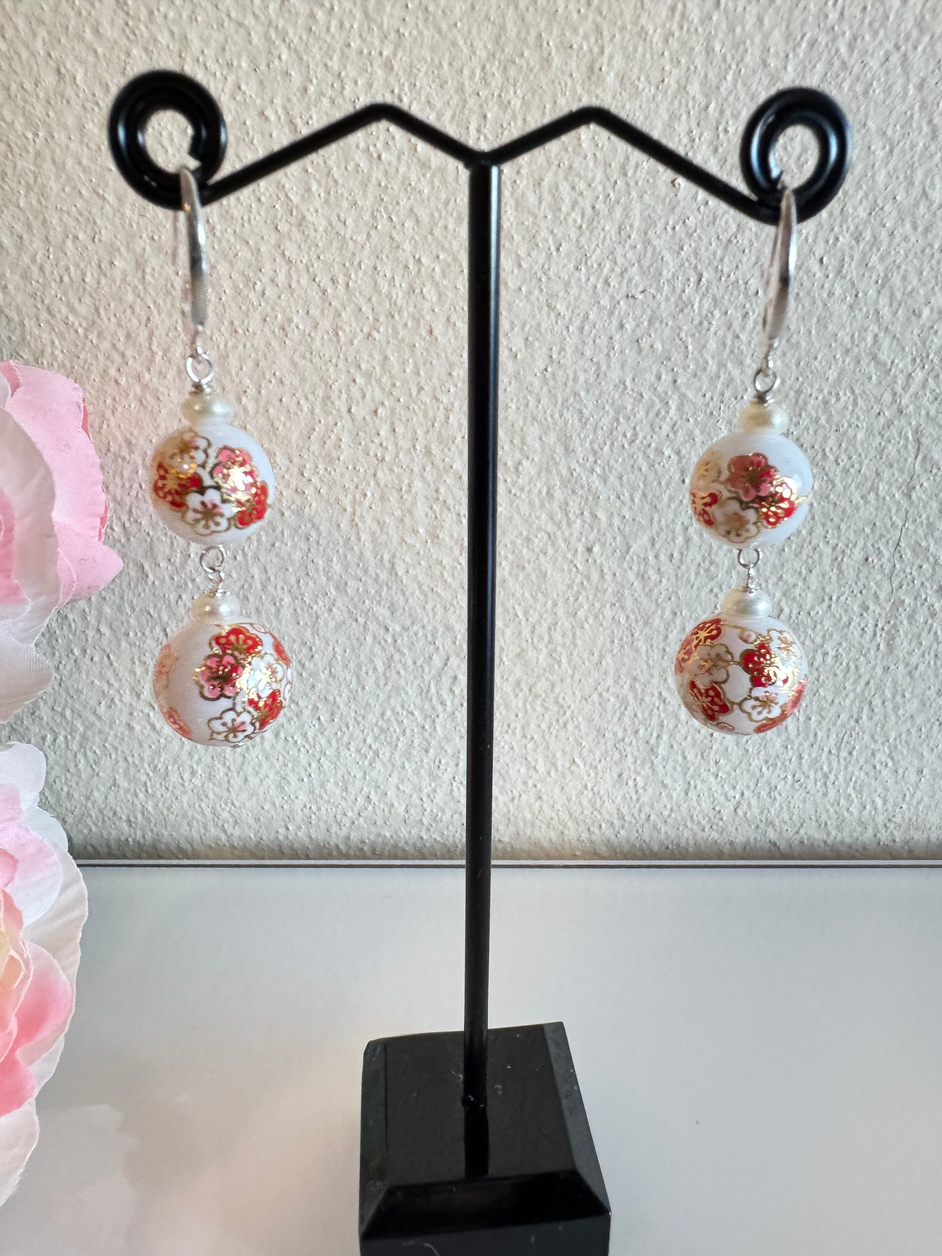 Sterling silver Japanese tensha beads and freshwater pearl earrings