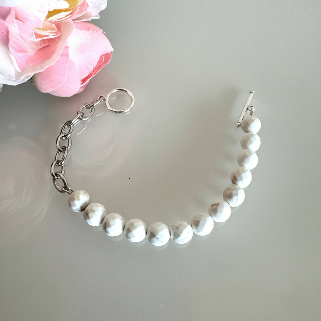 Howlite bracelet with starling silver clasps and stainless steel chain bracelet