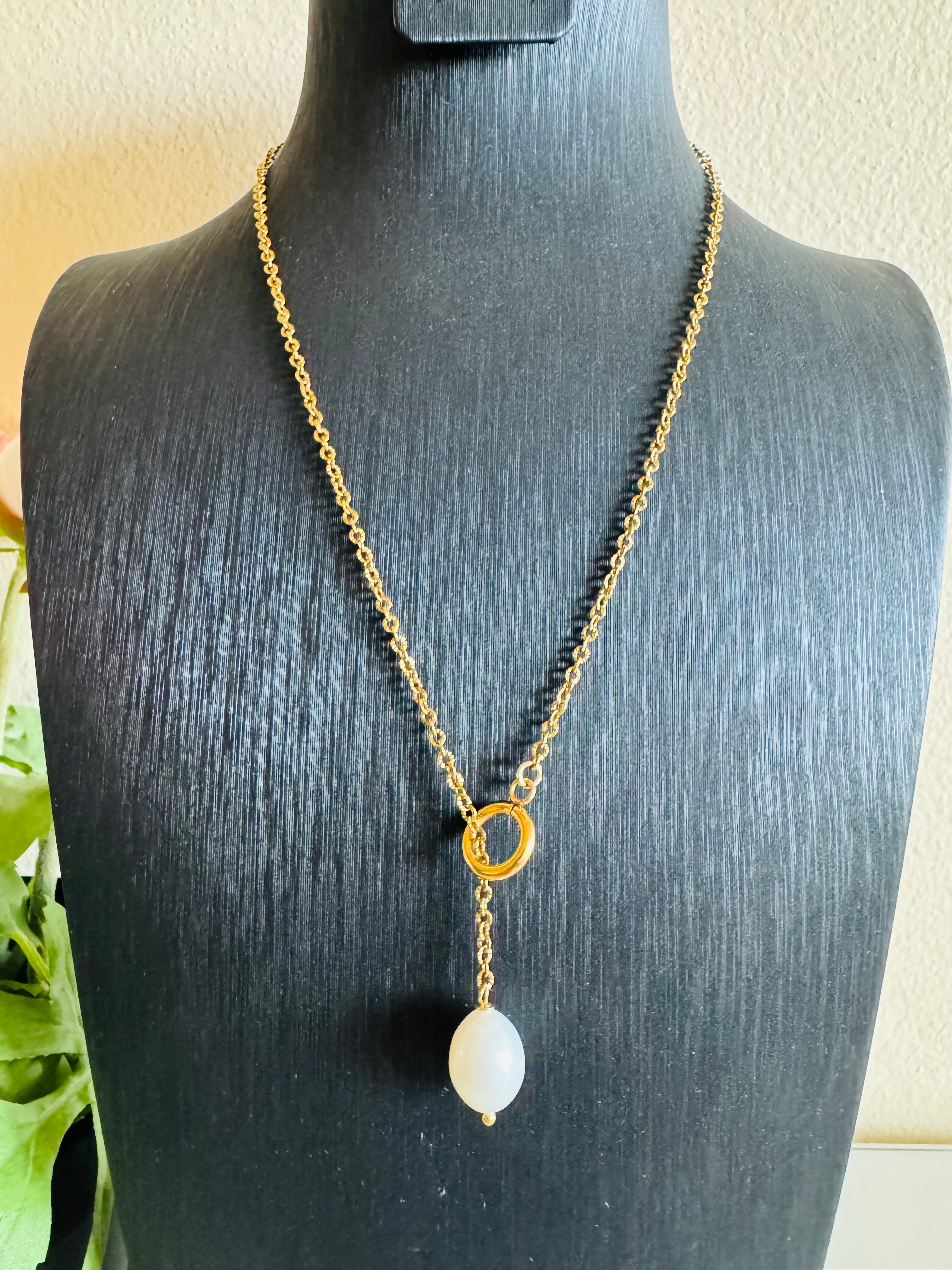 Handmade Freshwater Pearl Necklace, Gold Surgical Stainless Steel Chain Choker, Tarnish Free, Waterproof Necklace, Minimalist Dangle Jewelry