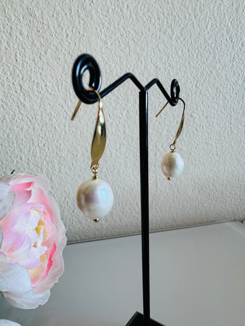 Freshwater Off Round Pearl Drop Earrings, Surgical Stainless Gold Dangle Earrings, Handmade Australian Jewellery, Gift For Her