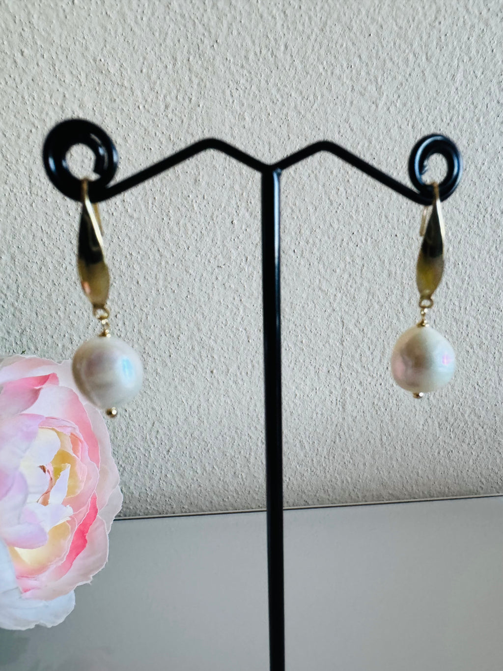 Freshwater Off Round Pearl Drop Earrings, Surgical Stainless Gold Dangle Earrings, Handmade Australian Jewellery, Gift For Her