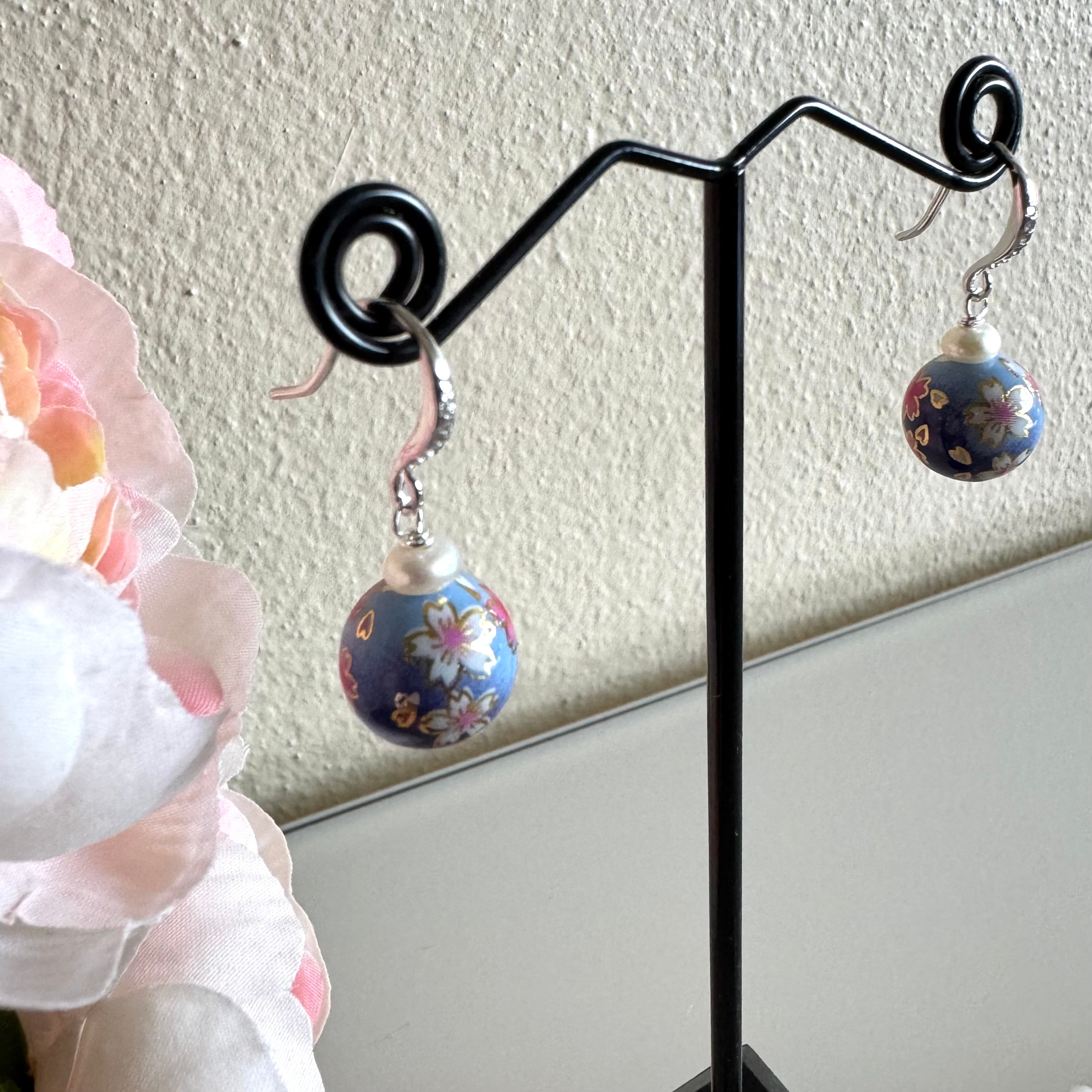 Sterling silver Japanese tensha beads and freshwater pearl earrings