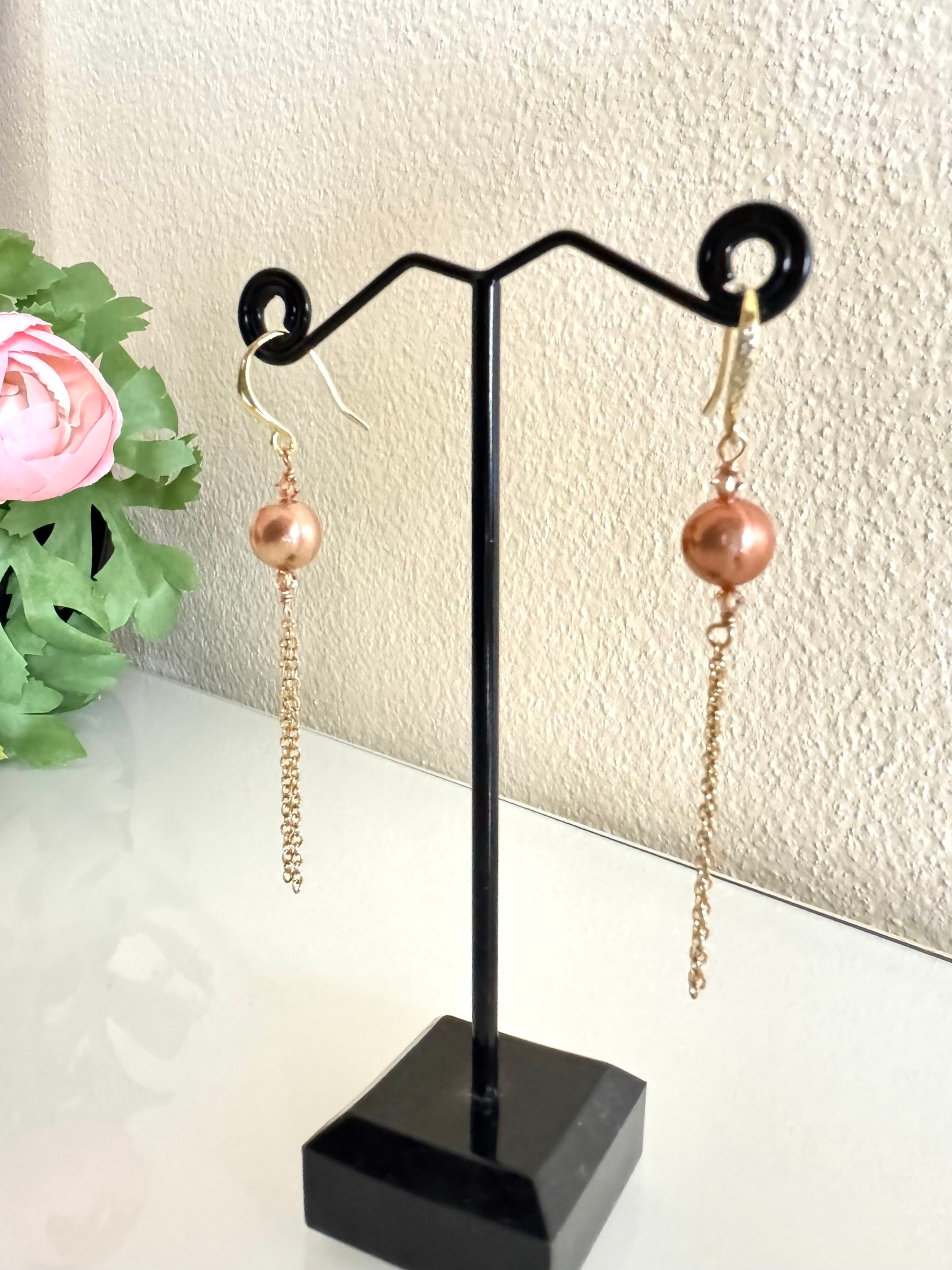 Sterling silver freshwater golden pearl earrings with stainless gold chains
