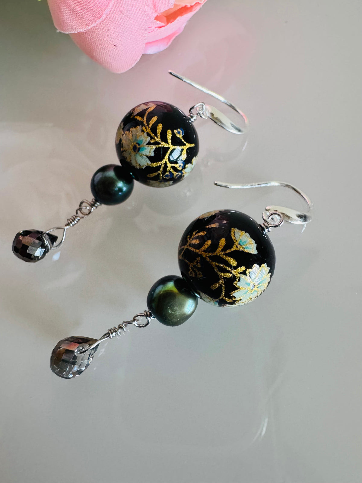Japanese Tensha Bead Earrings, Sterling Silver Freshwater Black Pearl Dangle Earrings, Crystal Glass, Handmade Floral Drop Jewellery