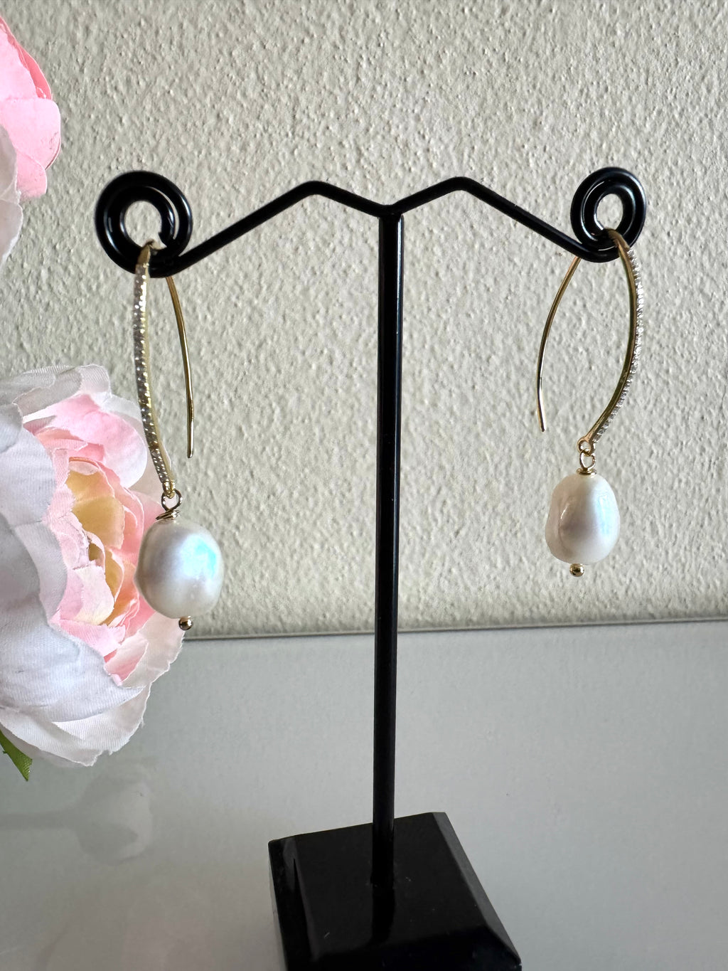 Freshwater semi baroque pearl earrings with sterling silver gold plated earring hooks