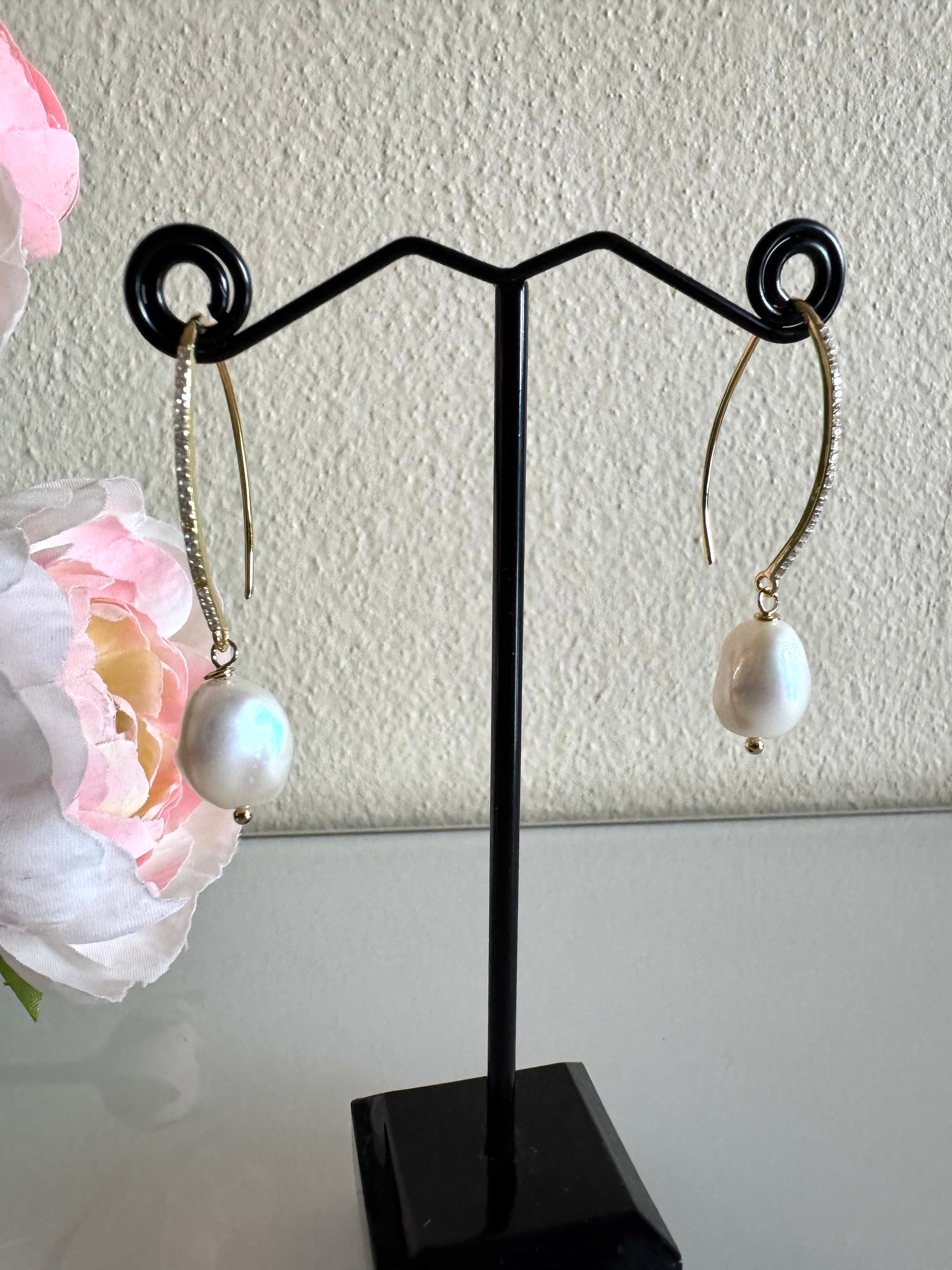 Freshwater semi baroque pearl earrings with sterling silver gold plated earring hooks