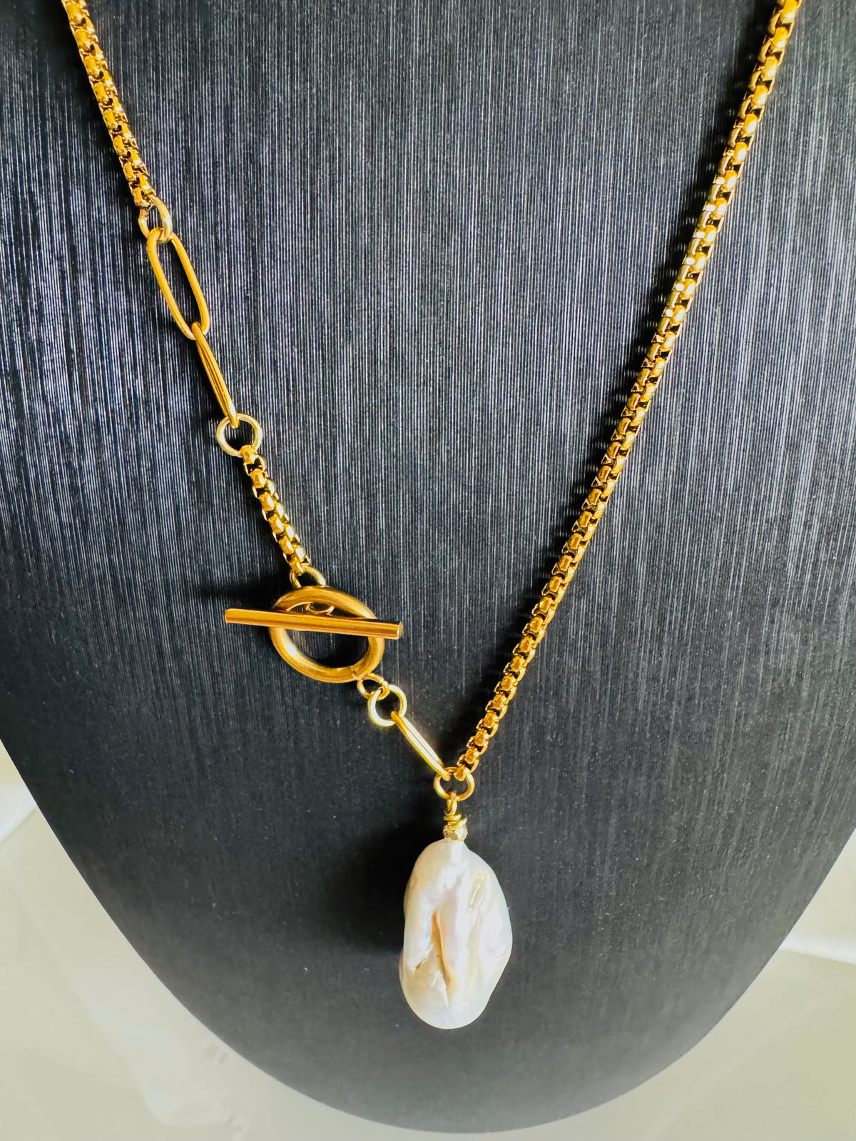 Handmade Baroque Pearl Toggle Necklace, Gold Stainless Steel Chain, Statement Jewellery