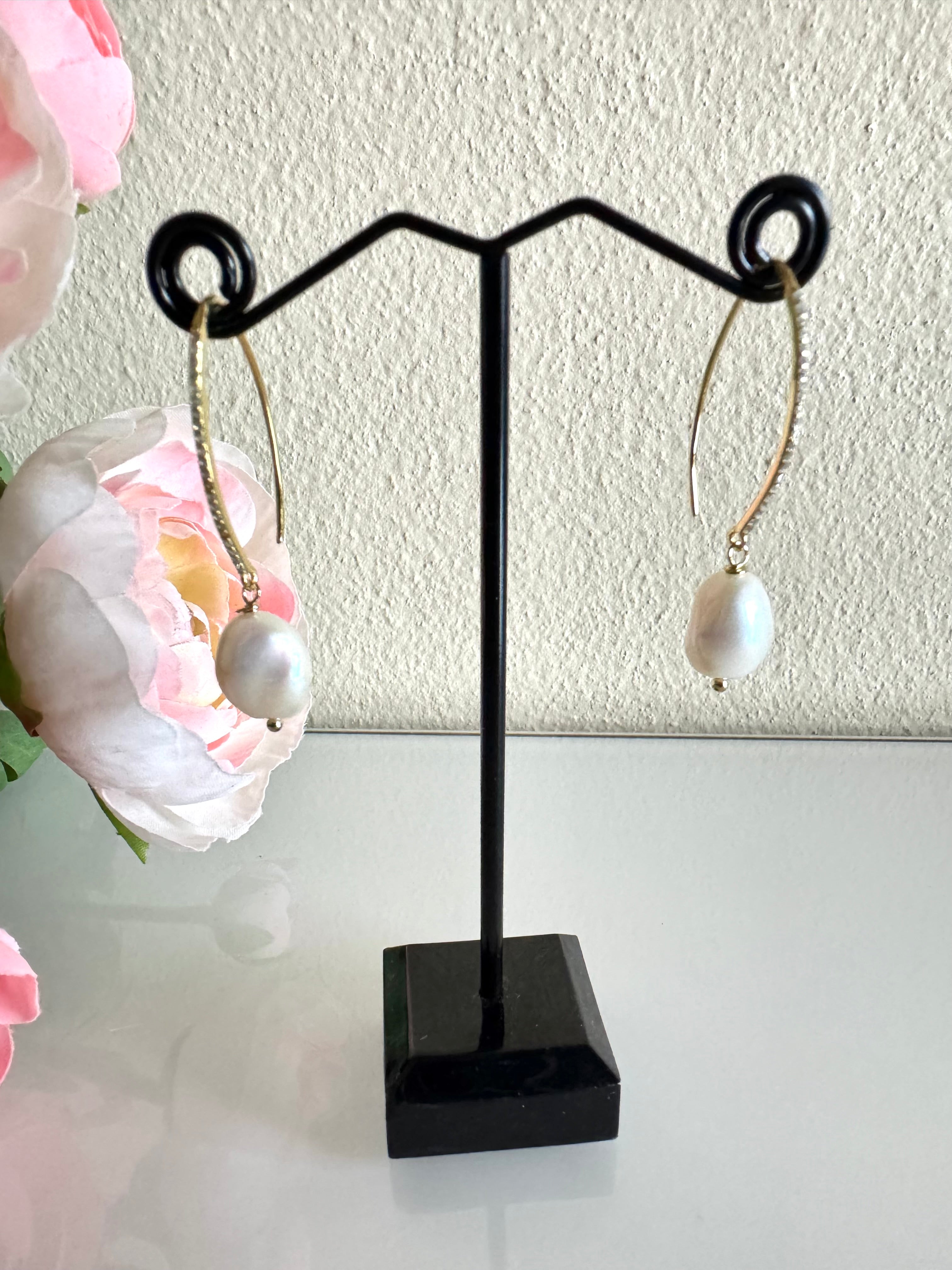Freshwater semi baroque pearl earrings with sterling silver gold plated earring hooks