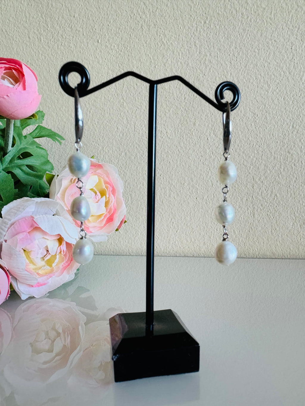 Freshwater Off Round White Pearl Trilogy Earrings with Surgical Stainless Settings, Tarnish Fee, Waterproof, Handmade Australia, Gift for Her