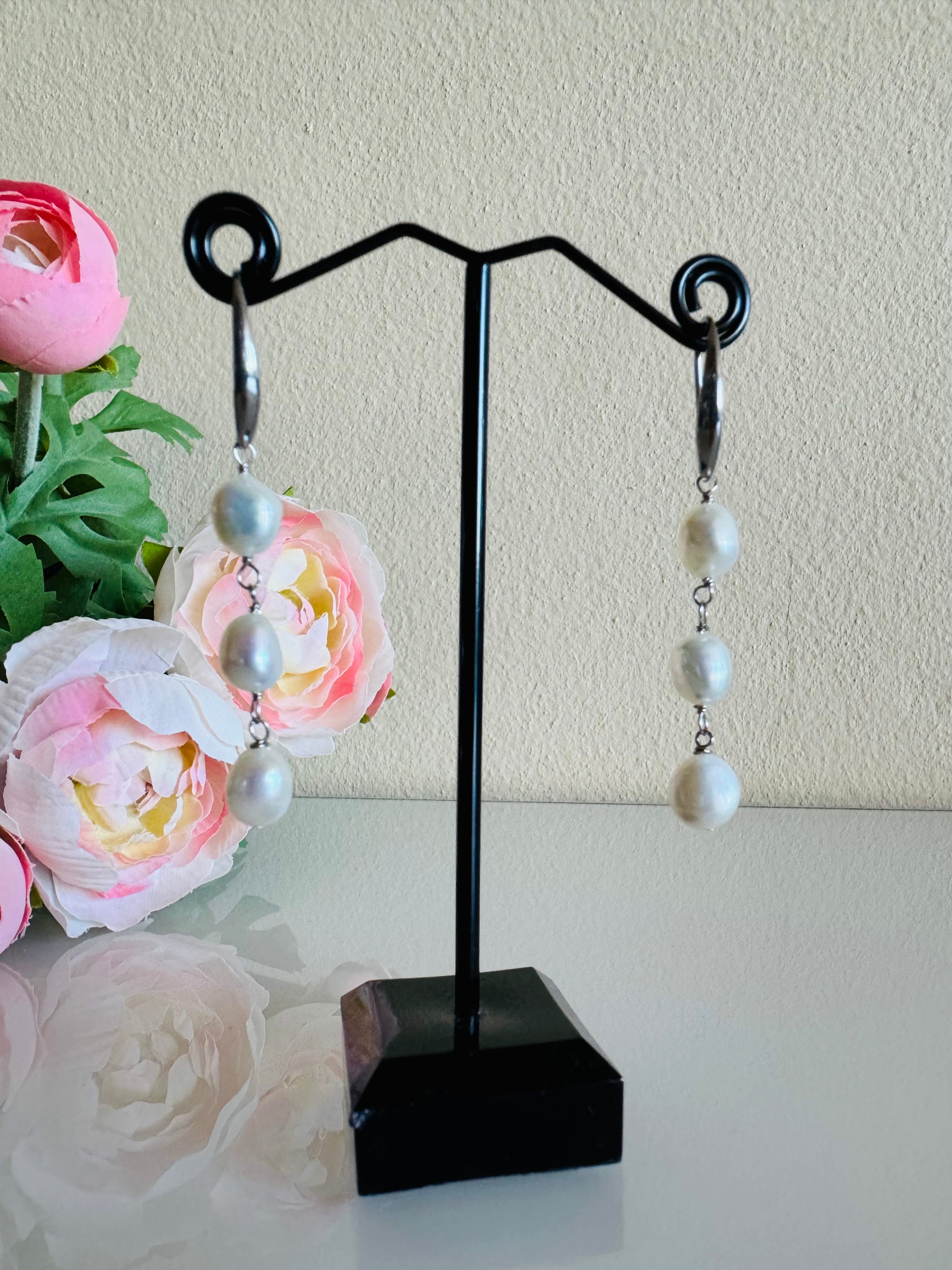 Freshwater Off Round White Pearl Trilogy Earrings with Surgical Stainless Settings, Tarnish Fee, Waterproof, Handmade Australia, Gift for Her