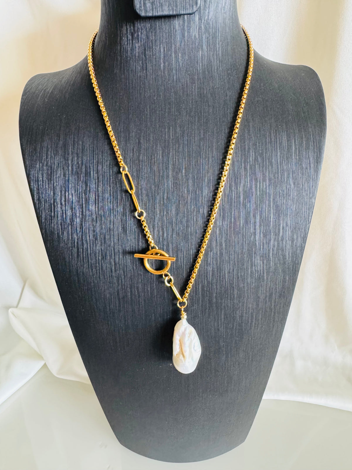 Handmade Baroque Pearl Toggle Necklace, Gold Stainless Steel Chain, Statement Jewellery